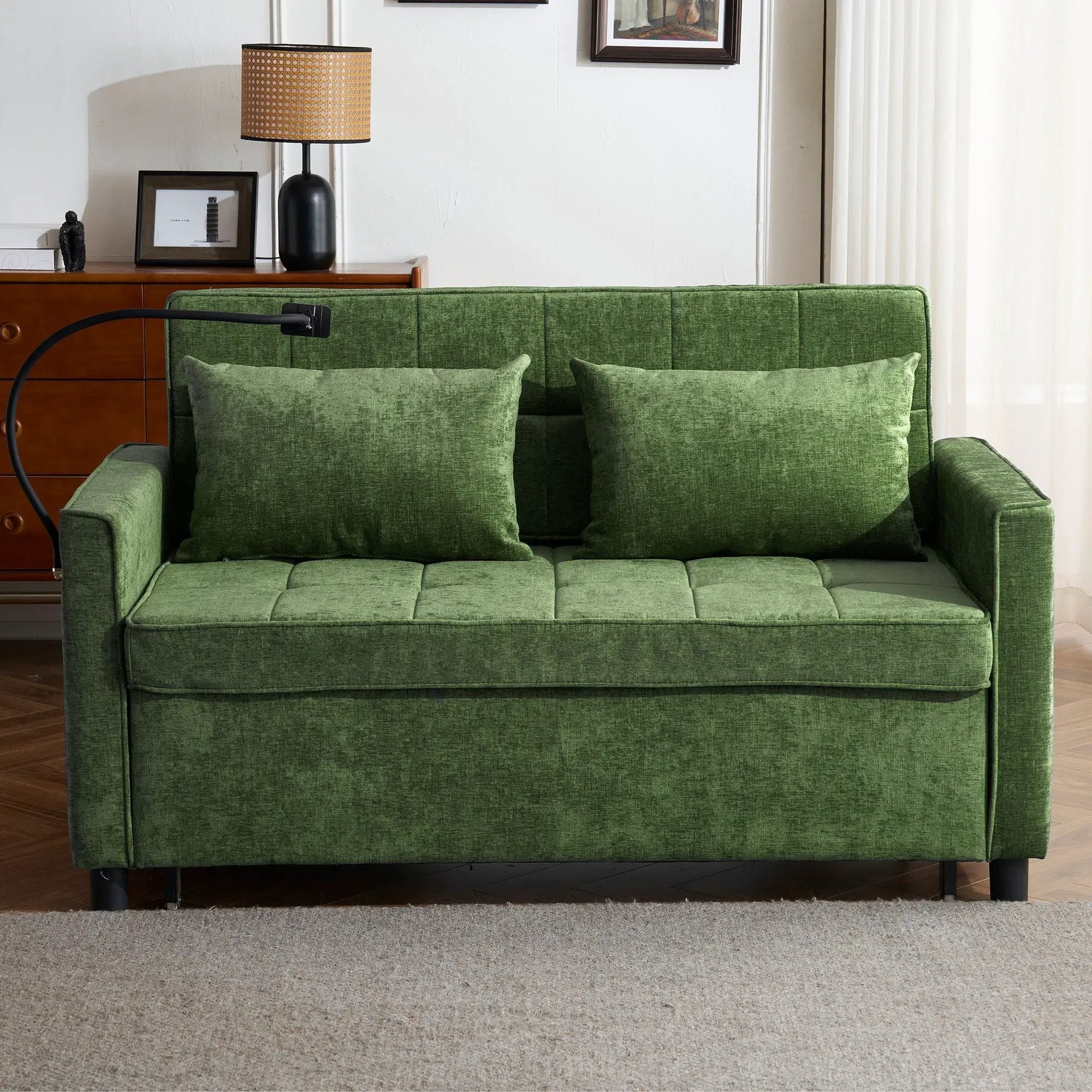 Loveseat Sofa Bed Sleeper With Reversible Backrest, Side Pockets, USB Ports, Phone Holder