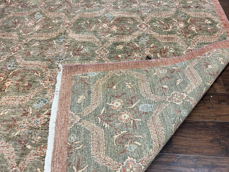 Large Modern Pakistani Rug 9x12, Handmade Wool Carpet, Peshawar Rug, Hand Knotted Oriental Rug, Contemporary, Floral, Light Green by Jewel Rugs