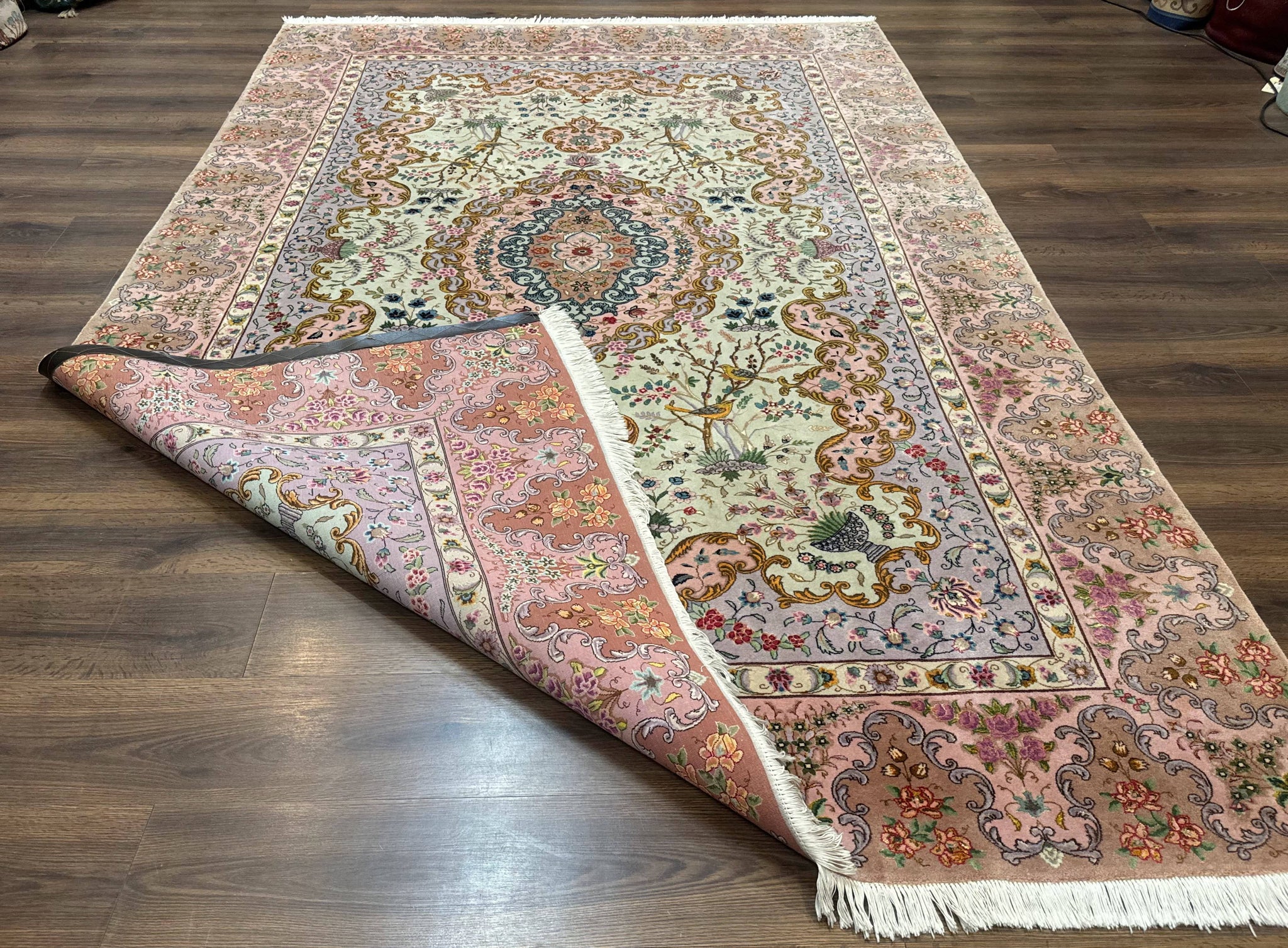 Wonderful Persian Tabriz Rug 7x10, Very Fine 330 KPSI, Light Green Light Blue Pink, Kork Wool Silk Foundation, Bird Pictorials by Jewel Rugs
