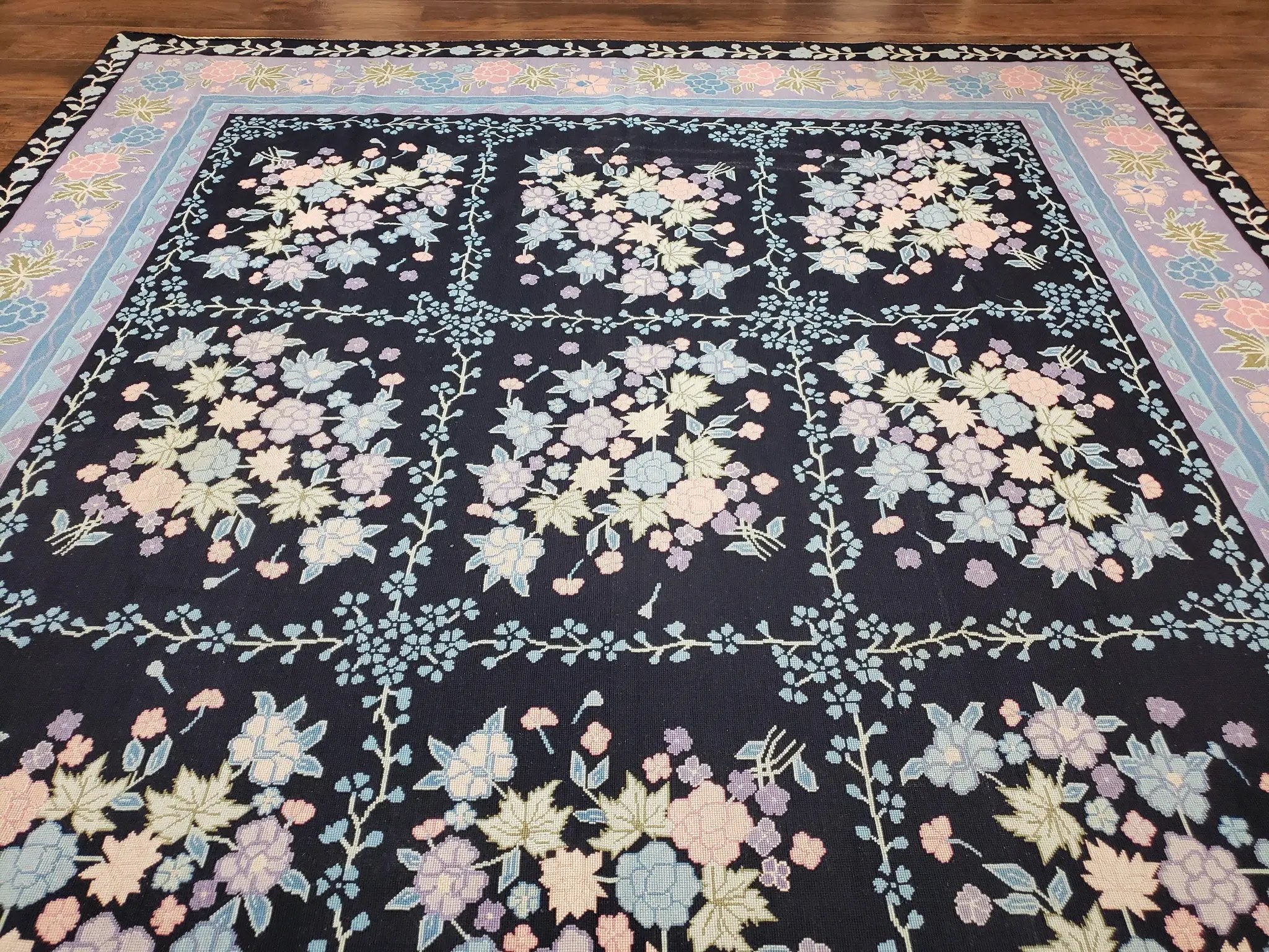 Chinese Needlepoint Rug 8 x 11.4, Hand-Woven Area Carpet, Flatweave Rug, Black Blue Light Violet Floral Garden European Design Wool Aubusson by Jewel Rugs
