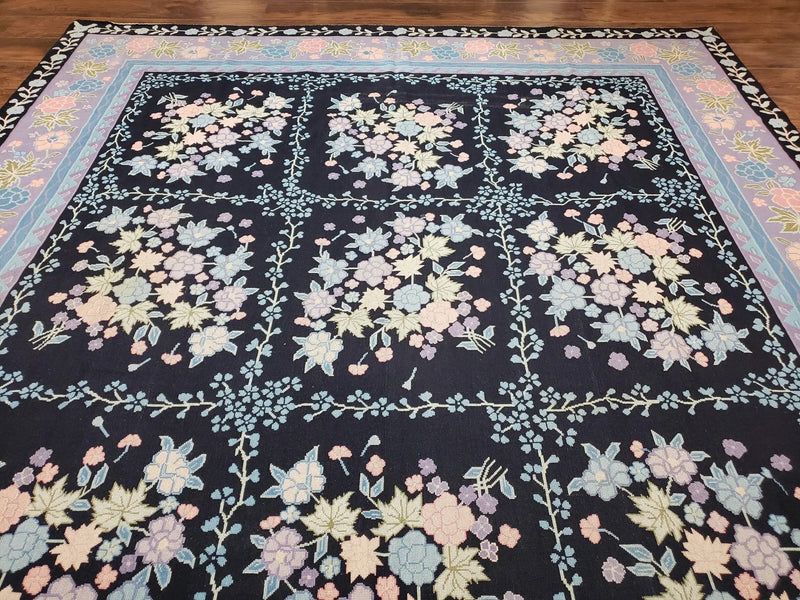 Chinese Needlepoint Rug 8 x 11.4, Hand-Woven Area Carpet, Flatweave Rug, Black Blue Light Violet Floral Garden European Design Wool Aubusson by Jewel Rugs