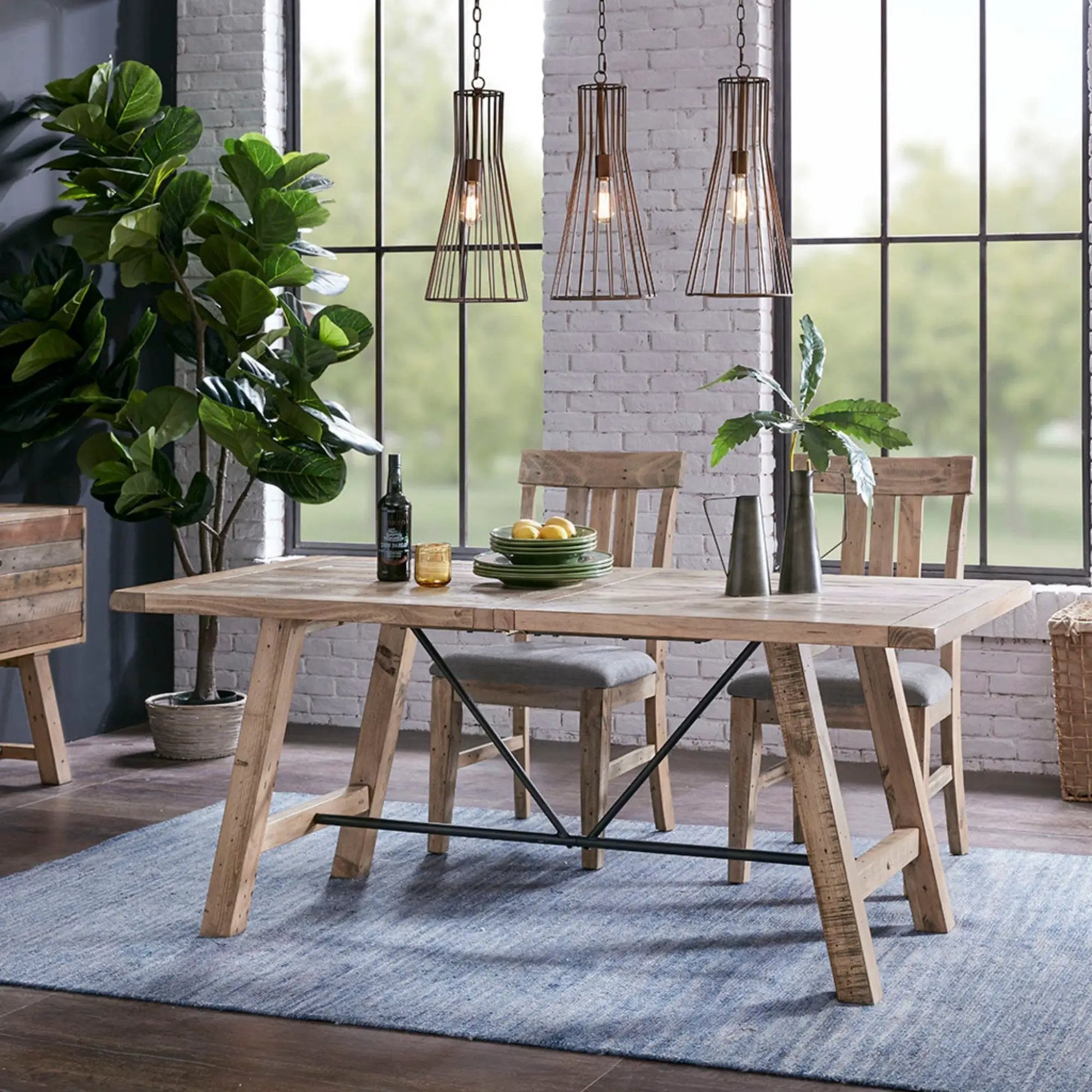 Rustic Dining Table with Metal Support in Natural Pine Wood Finish by HouseOfZazla