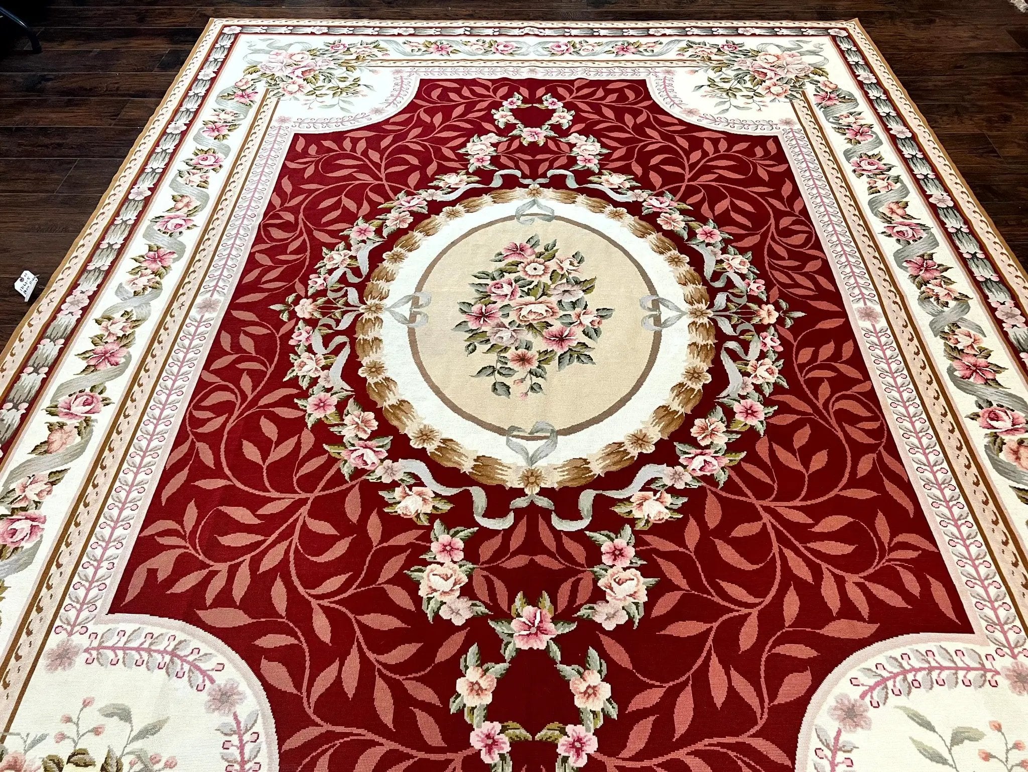 Wonderful Aubusson Rug 9x12, Handmade Vintage Needlepoint Carpet, Red and Ivory, Elegant European Design, Wool by Jewel Rugs