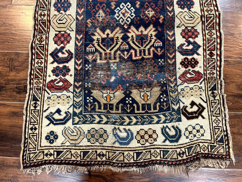 Antique Caucasian Kazak Rug 2.5 x 4, Navy Blue and Ivory, Hand Knotted Handmade Wool Rug by Jewel Rugs