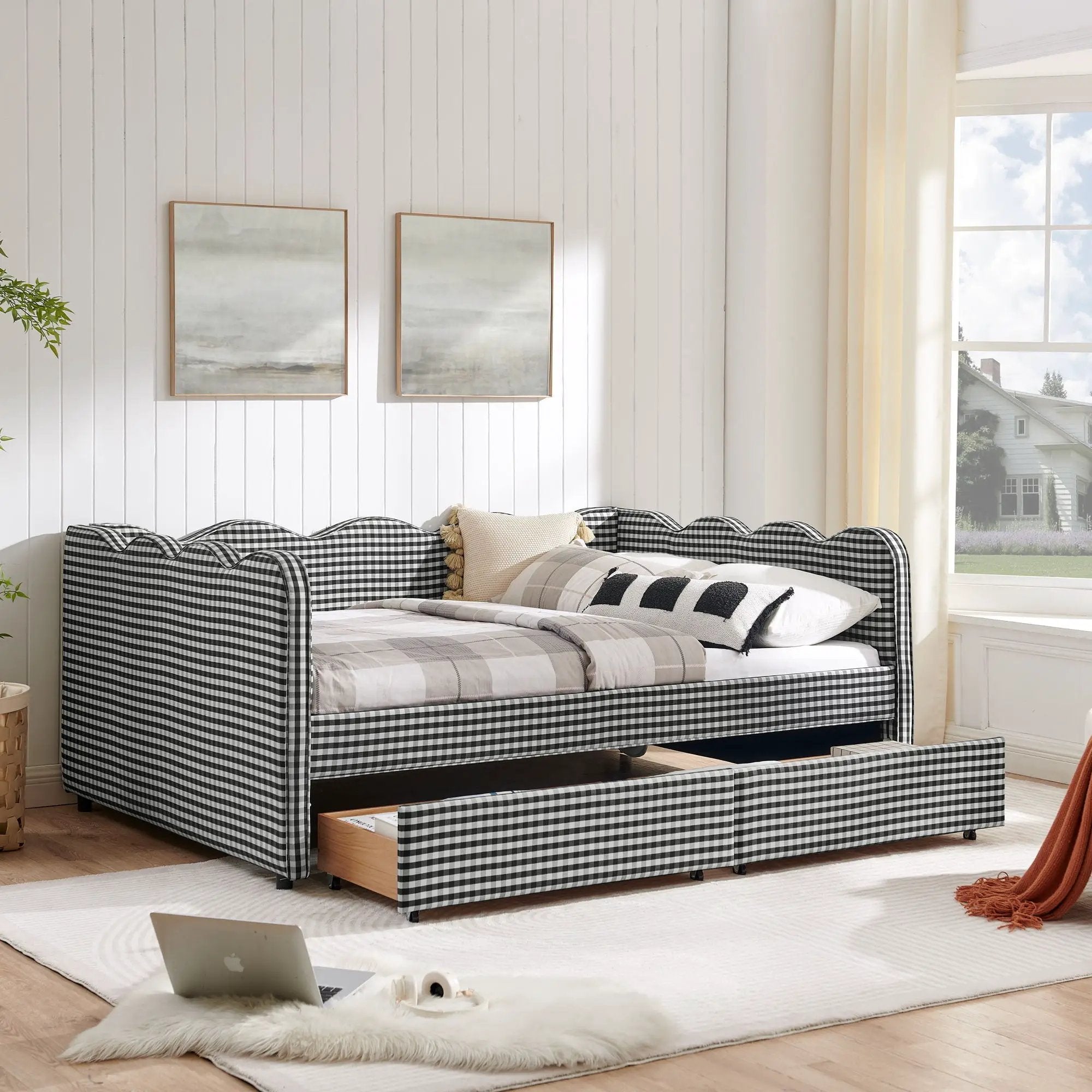 Gingham Daybed With USB Charging Port, Wave-Shaped Design by Unique Piece Furniture