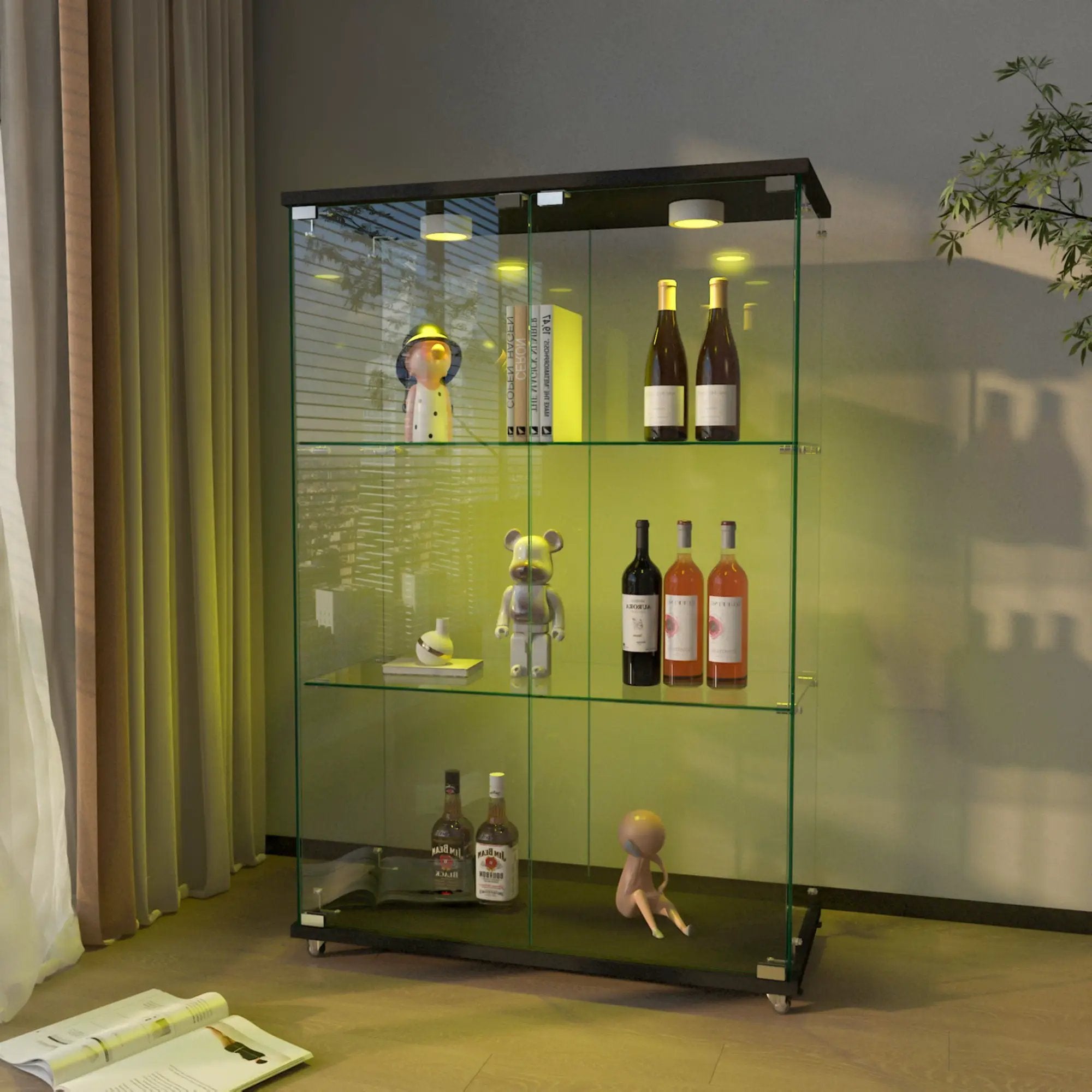 Modern Display Cabinet With LED Lights, Transparent Tempered Glass 2 Door Storage Case With 3 Shelves by HouseOfZazla