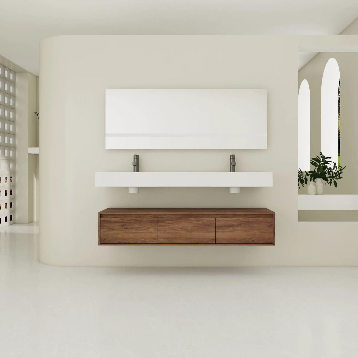 Contemporary Wall Mounted Bathroom Vanity With Dual Resin Sink And Soft Close Drawer by HouseOfZazla