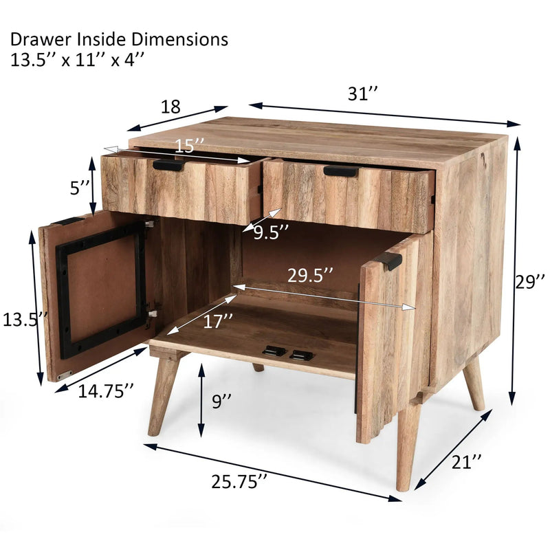 Stylish Style 2 Drawer 2 Door Cabinet, Mango Wood - Natural by HouseOfZazla