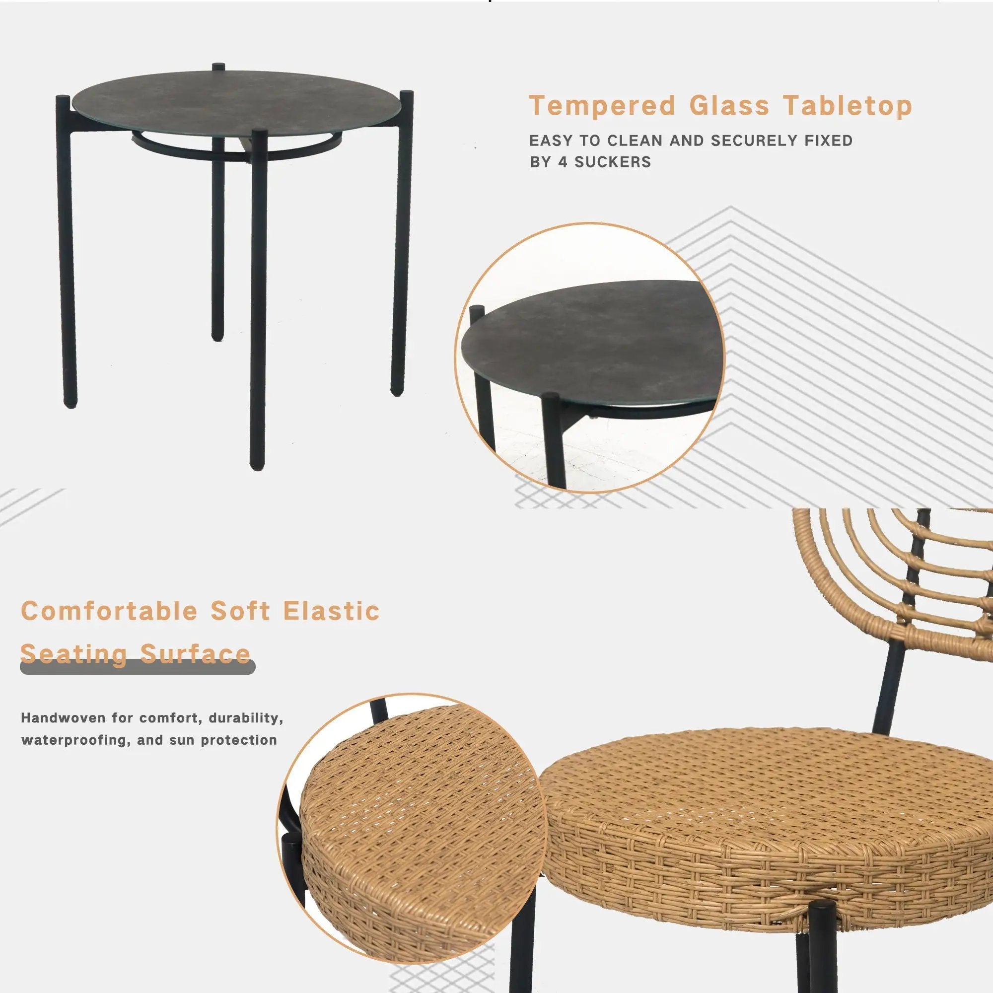3 Pieces Of Luxury Outdoor Wicker Furniture Patio Bistro Style Table And Chair Combination, Weather Resistant PE Wicker Weave, Suitable For Garden - Black / Natural by HouseOfZazla