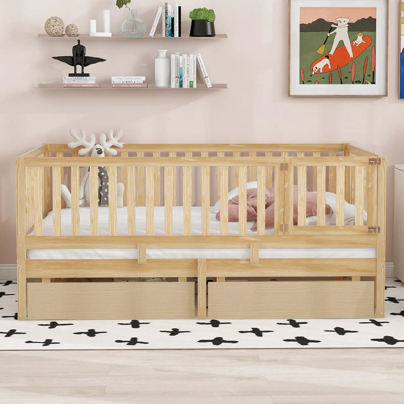 Daybed With Fence Guardrails And 2 Drawers, Split Into Independent Floor Bed & Daybed by HouseOfZazla