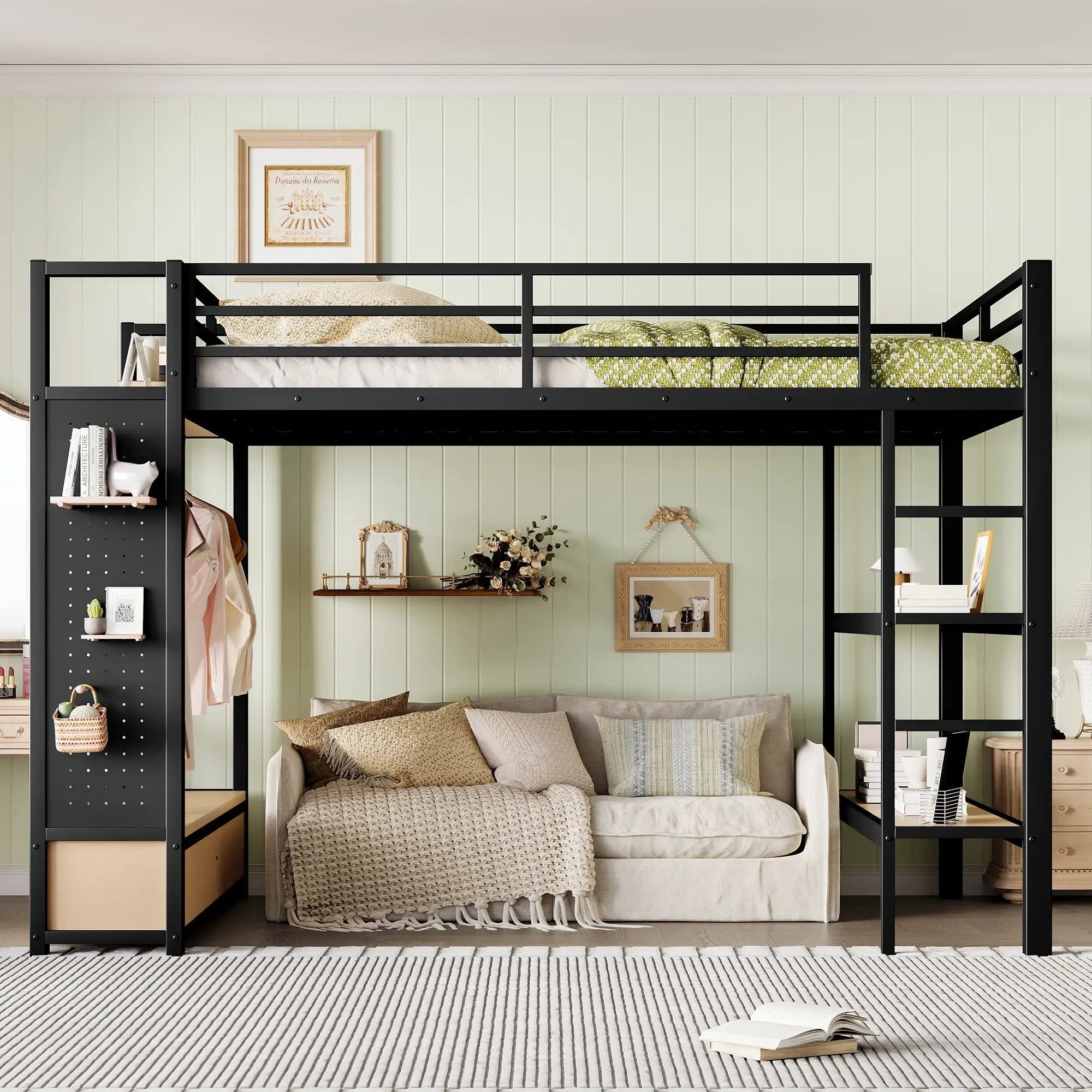 Queen Size Metal Loft Bed Frame with Wardrobe by HouseOfZazla