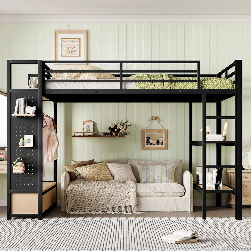 Queen Size Metal Loft Bed Frame with Wardrobe by HouseOfZazla