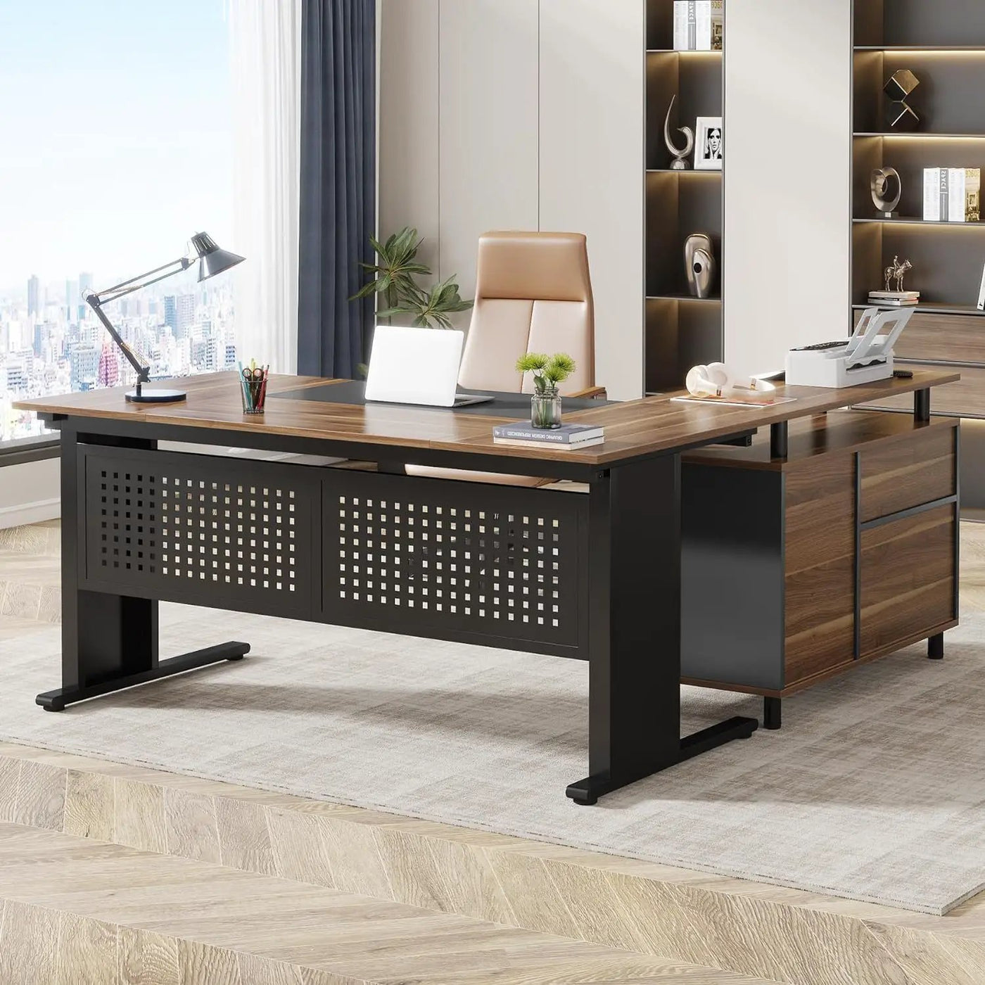 L-Shaped Executive Desk With File Cabinet, Office Workstation With Drawers, Shelves & Storage by HouseOfZazla