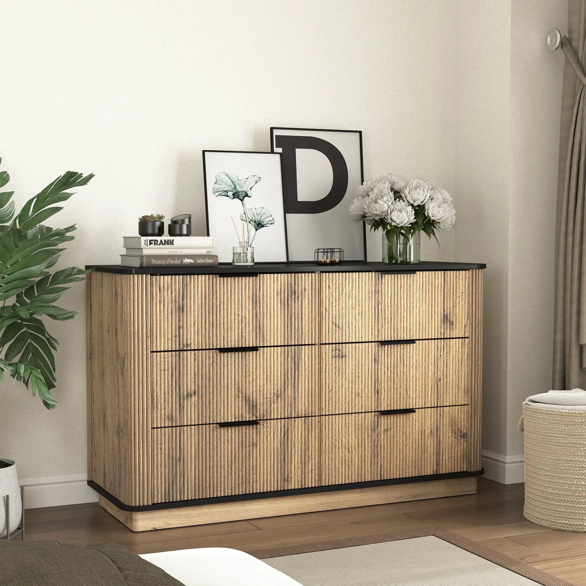 Modern 6 Drawer Cabinet With Metal Rounded Corners And Exquisite Handles Multi Functional Storage - Natural Wood by Unique Piece Furniture