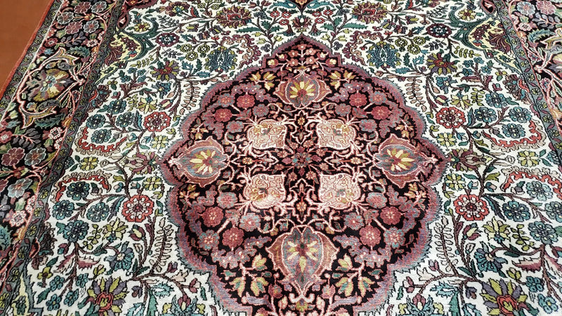 Indian Kashmiri Silk Rug 6x10, Ivory, Floral Medallion by Jewel Rugs