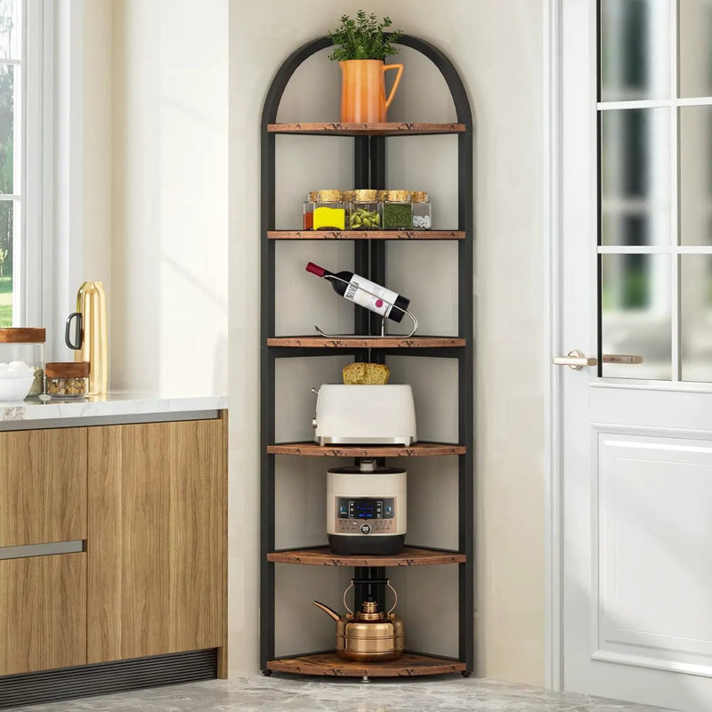 Tall 6 Tier Corner Shelf, Freestanding Bookshelf For Living Room - Rustic Brown by HouseOfZazla