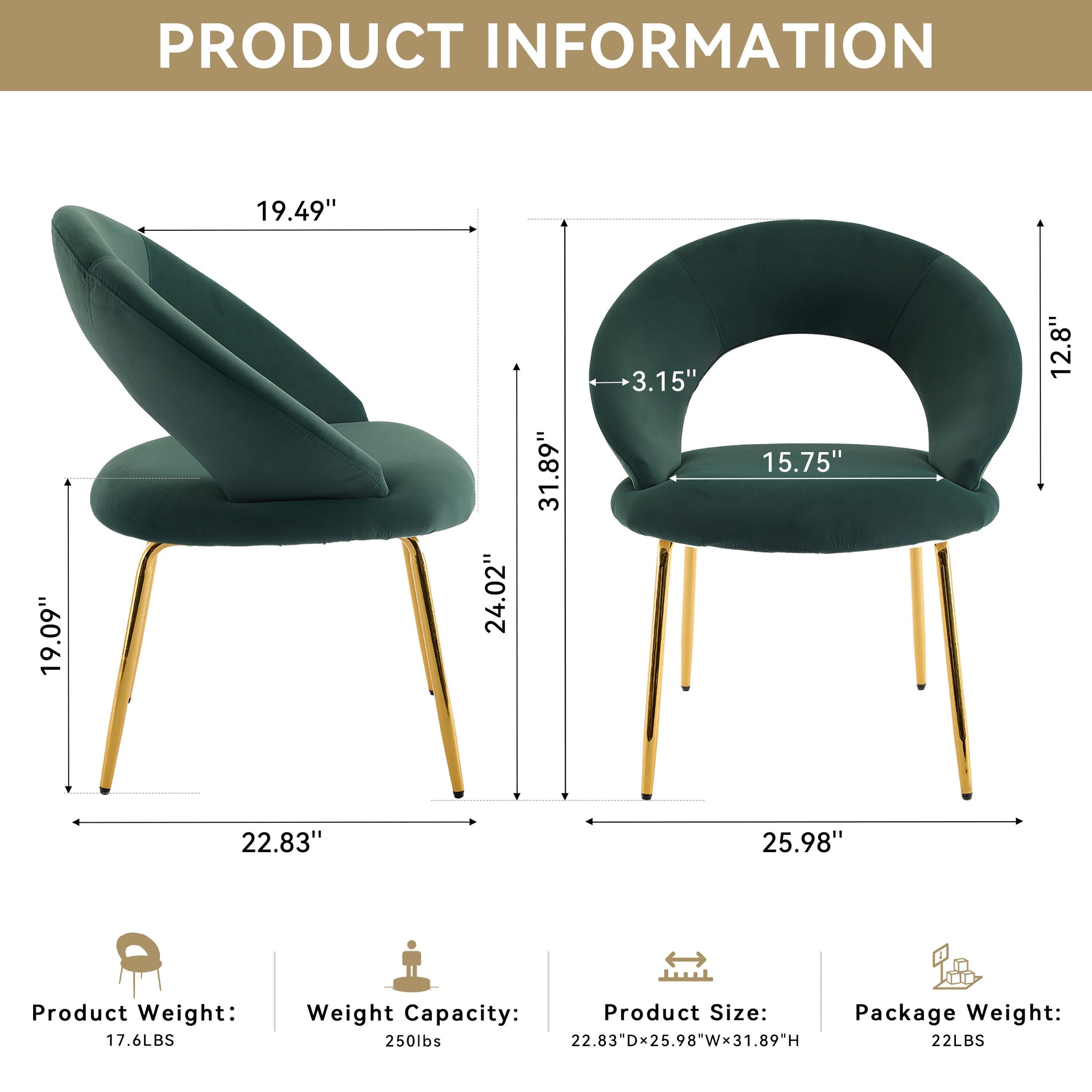 Velvet Fabric Dining Chair with Curved Backrest and Golden Metal Legs by HouseOfZazla
