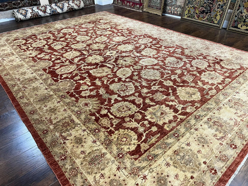 Pak Persian Rug 10x14, Sultanabad Mahal Peshawar Chobi Carpet, Large Vintage Wool Oriental Rug, Maroon & Beige, Floral Allover, Handmade by Jewel Rugs