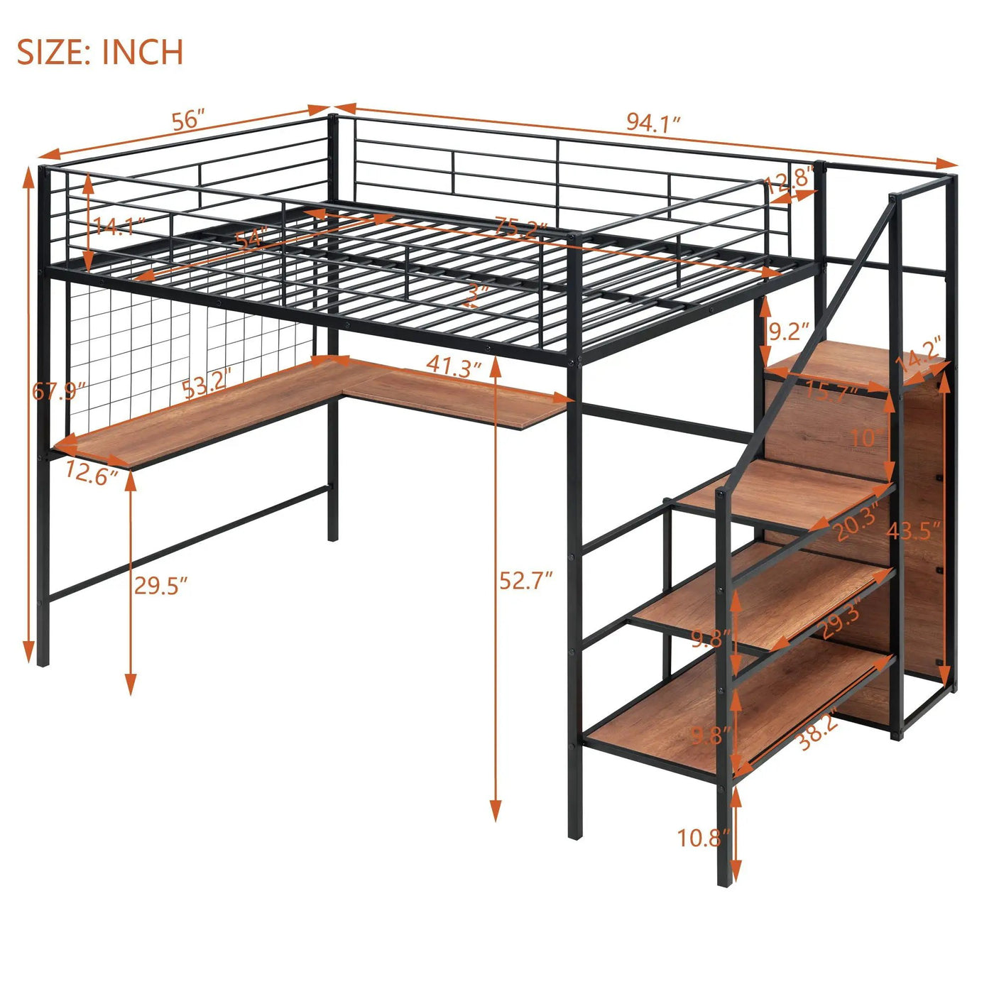 Loft Bed With Desk And Grid, Stylish Frame With Lateral Storage Ladder And Wardrobe by Unique Piece Furniture