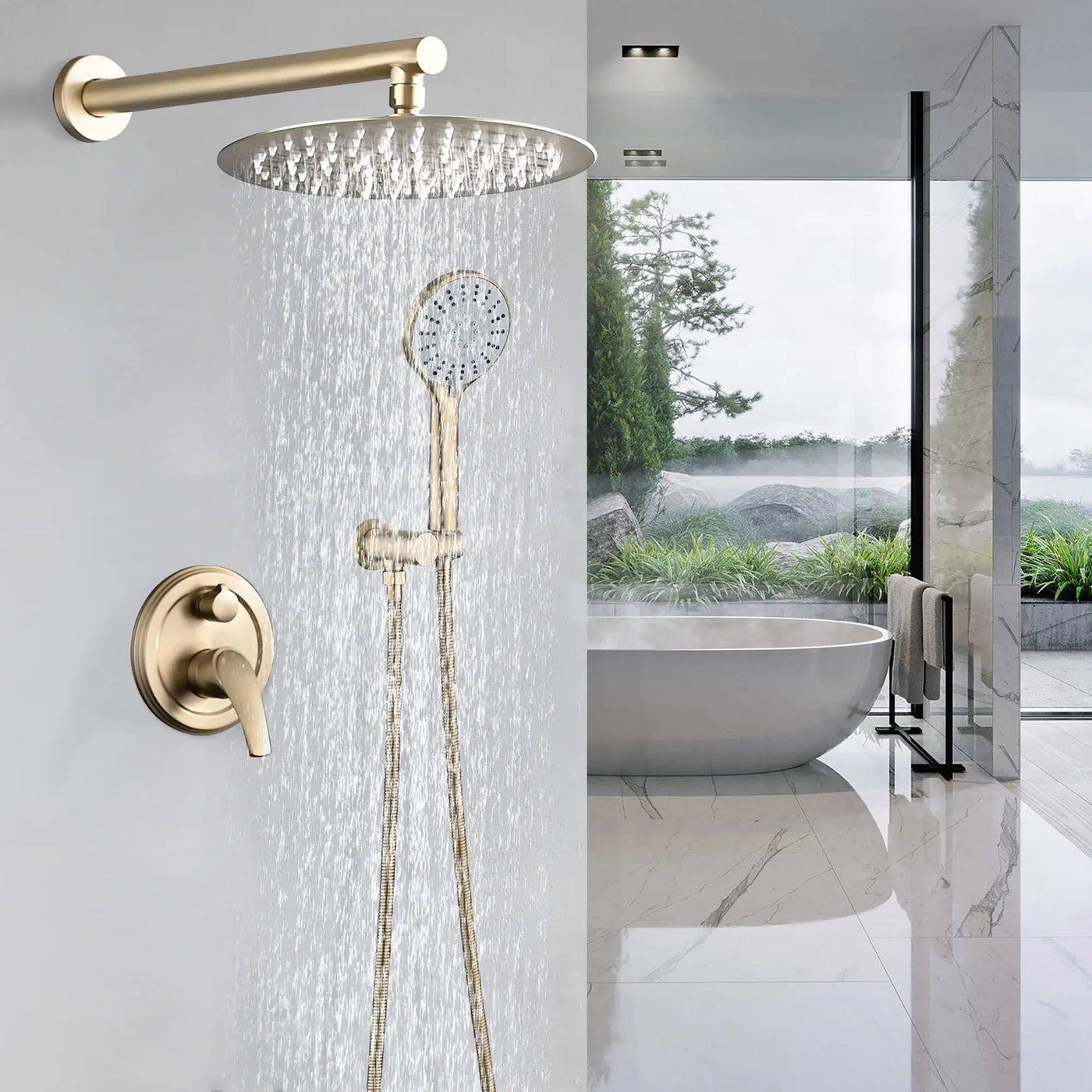 Wall Mounted Shower Set With High Pressure 10" Rain Shower Head And 5 Function Handheld Shower Head by HouseOfZazla
