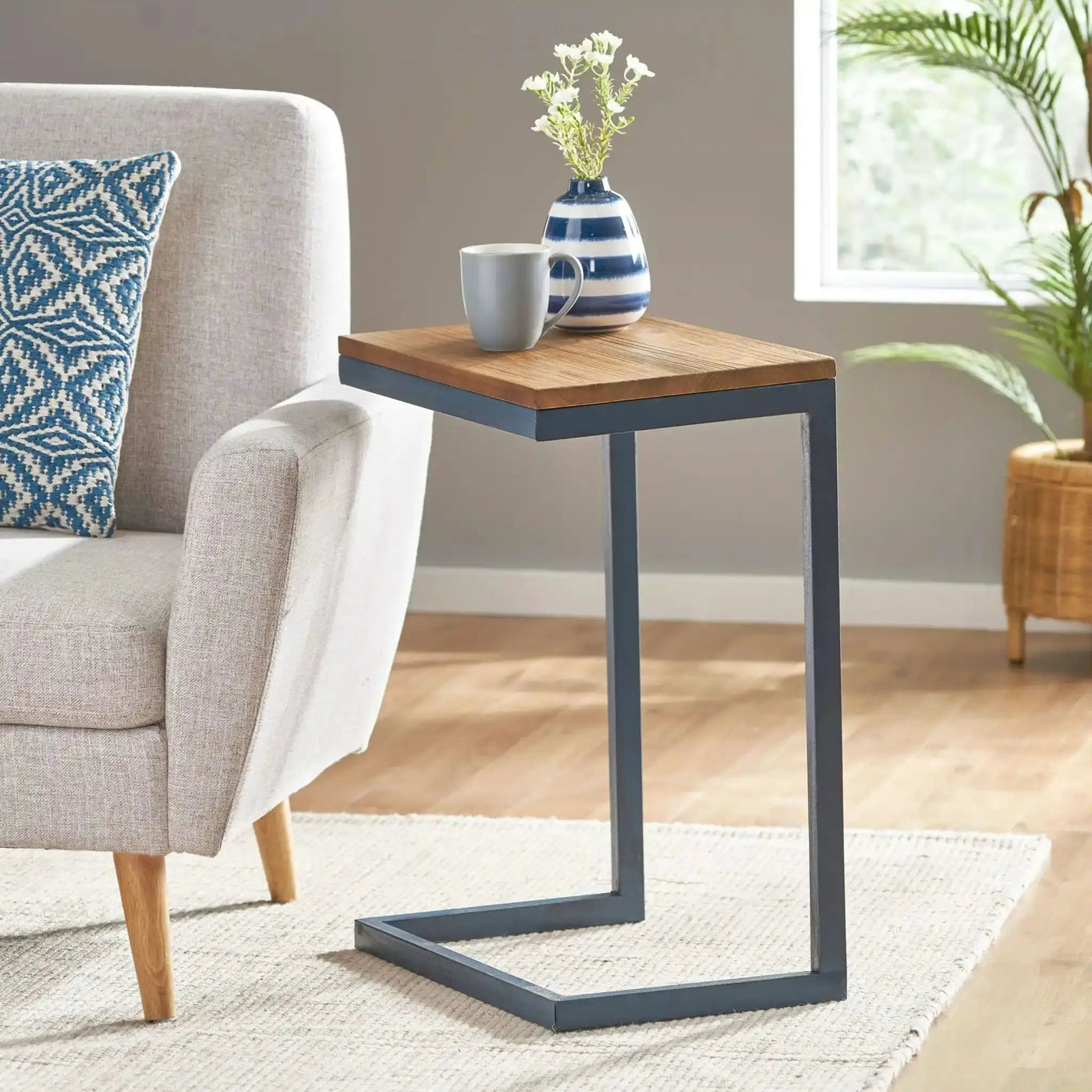 C Shaped End Table With Iron Base And Fir Wood Top by HouseOfZazla