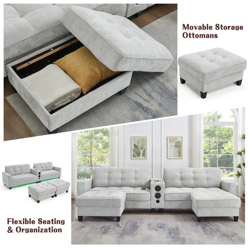 Modern Sectional Sofa U-Shaped With Movable Ottomans, tooth Speakers, LED Lights And Modular Storage by Unique Piece Furniture