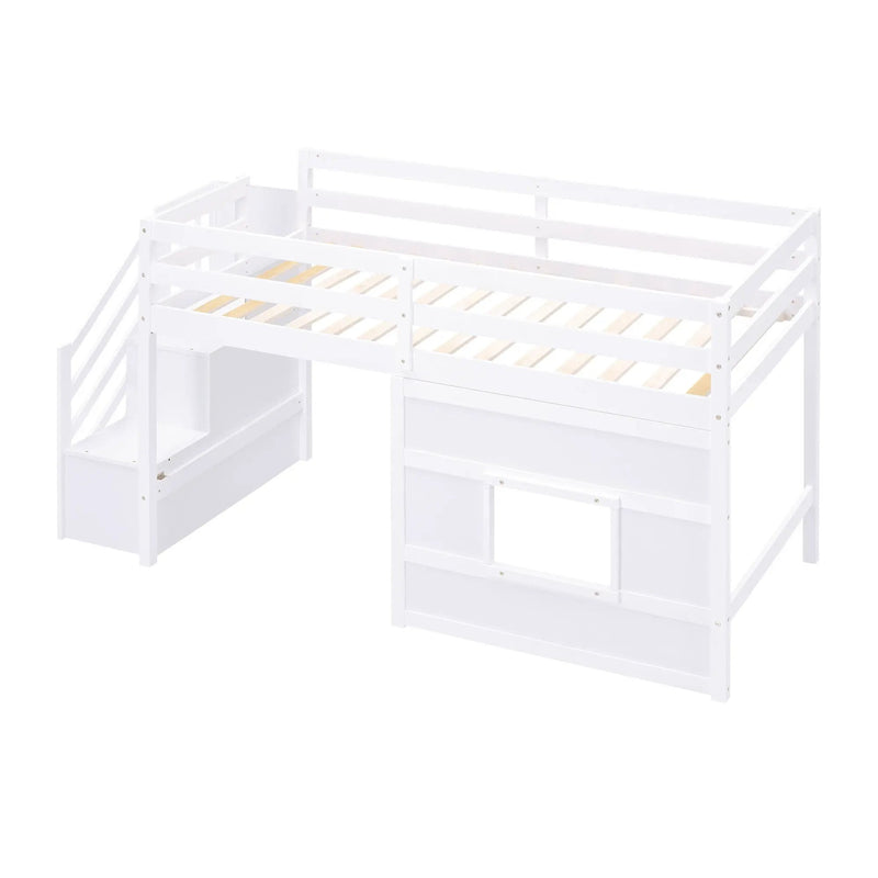 Loft Bed With Storage Staircase, Window & LED Light