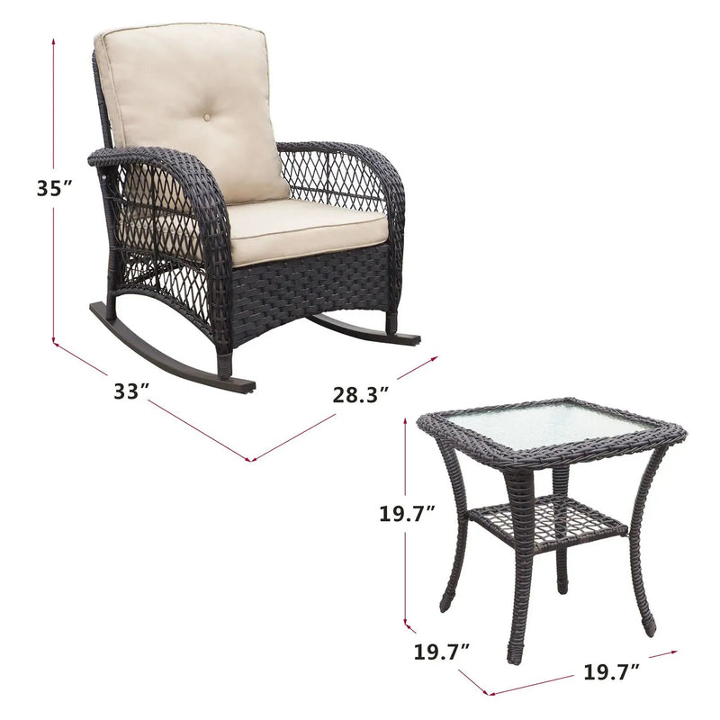 3 Pieces Conversation Set, Outdoor Wicker Rocker Patio Bistro Set, Rocking Chair With Glass Top Side Table - Brown / Beige by HouseOfZazla
