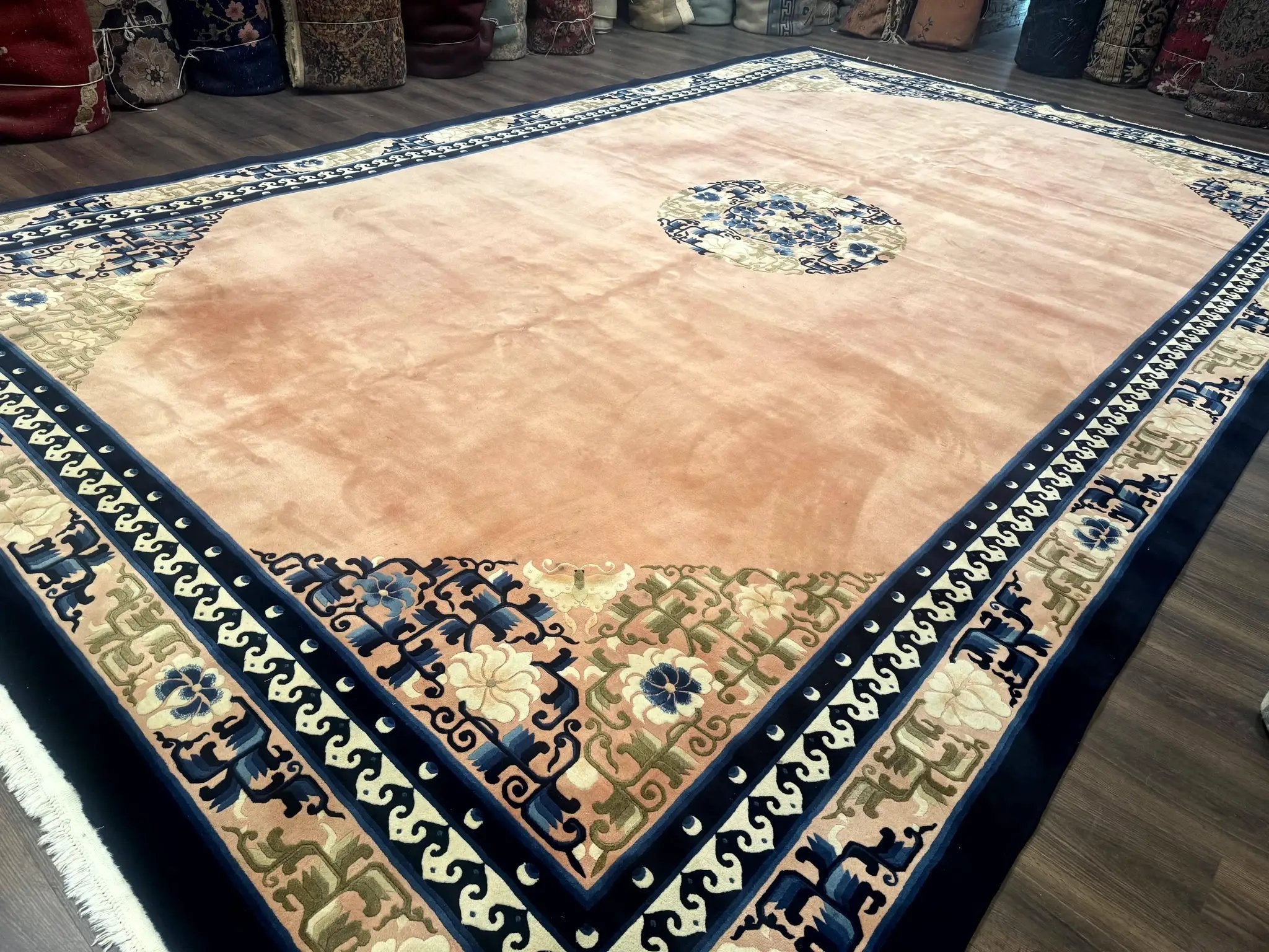 Chinese Wool Rug 11x18, Palace Sized Chinese Carpet, Peking Rug, Peach and Blue, Open Field, Simple Design, Art Deco Rug, Large Handmade Rug by Jewel Rugs