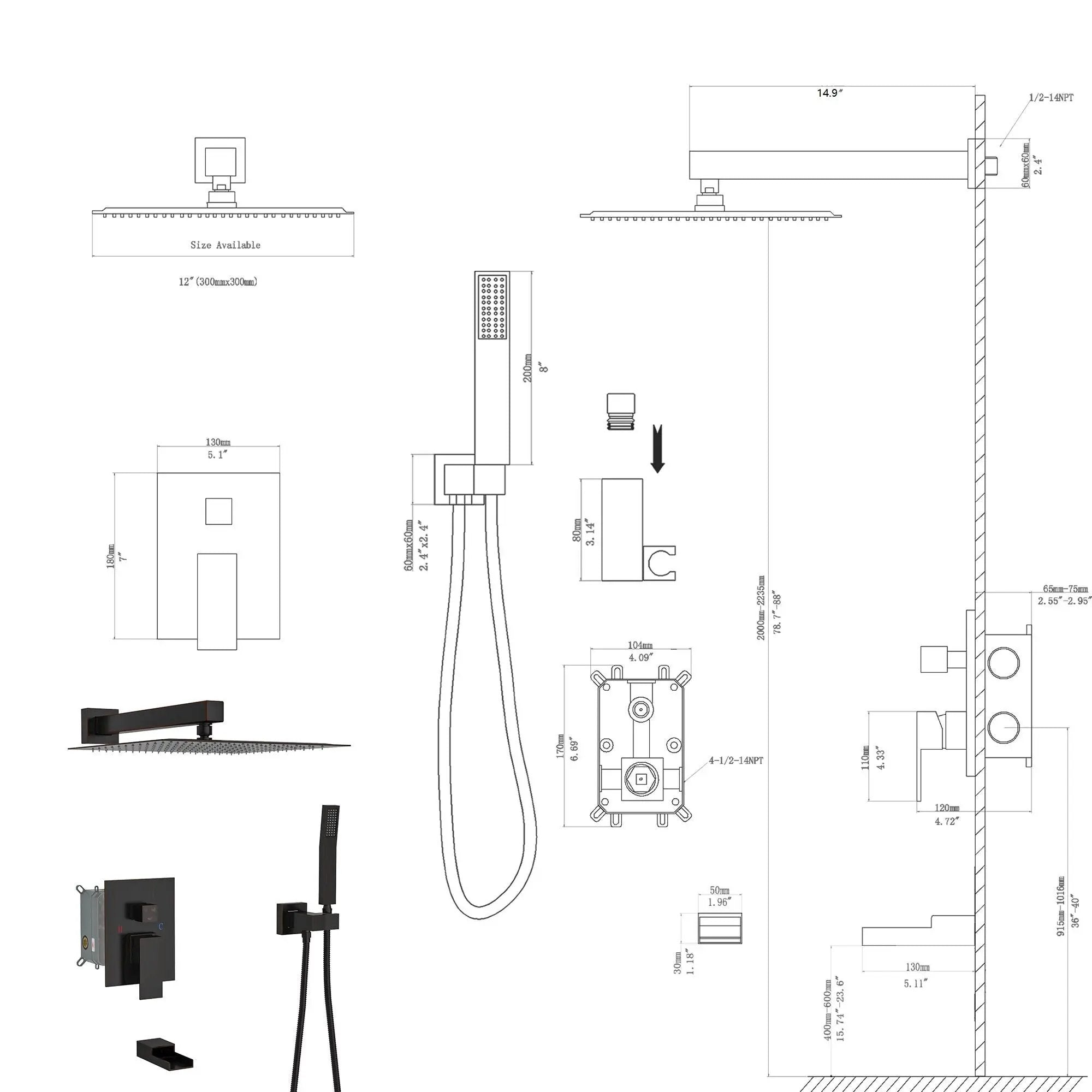 Wall Mounted Square Shower System With Waterfall Tub Spout And 12" Shower Head - Oil-Rubbed Bronze by HouseOfZazla