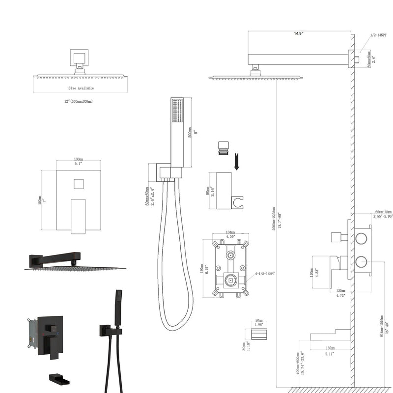 Wall Mounted Square Shower System With Waterfall Tub Spout And 12" Shower Head - Oil-Rubbed Bronze by HouseOfZazla