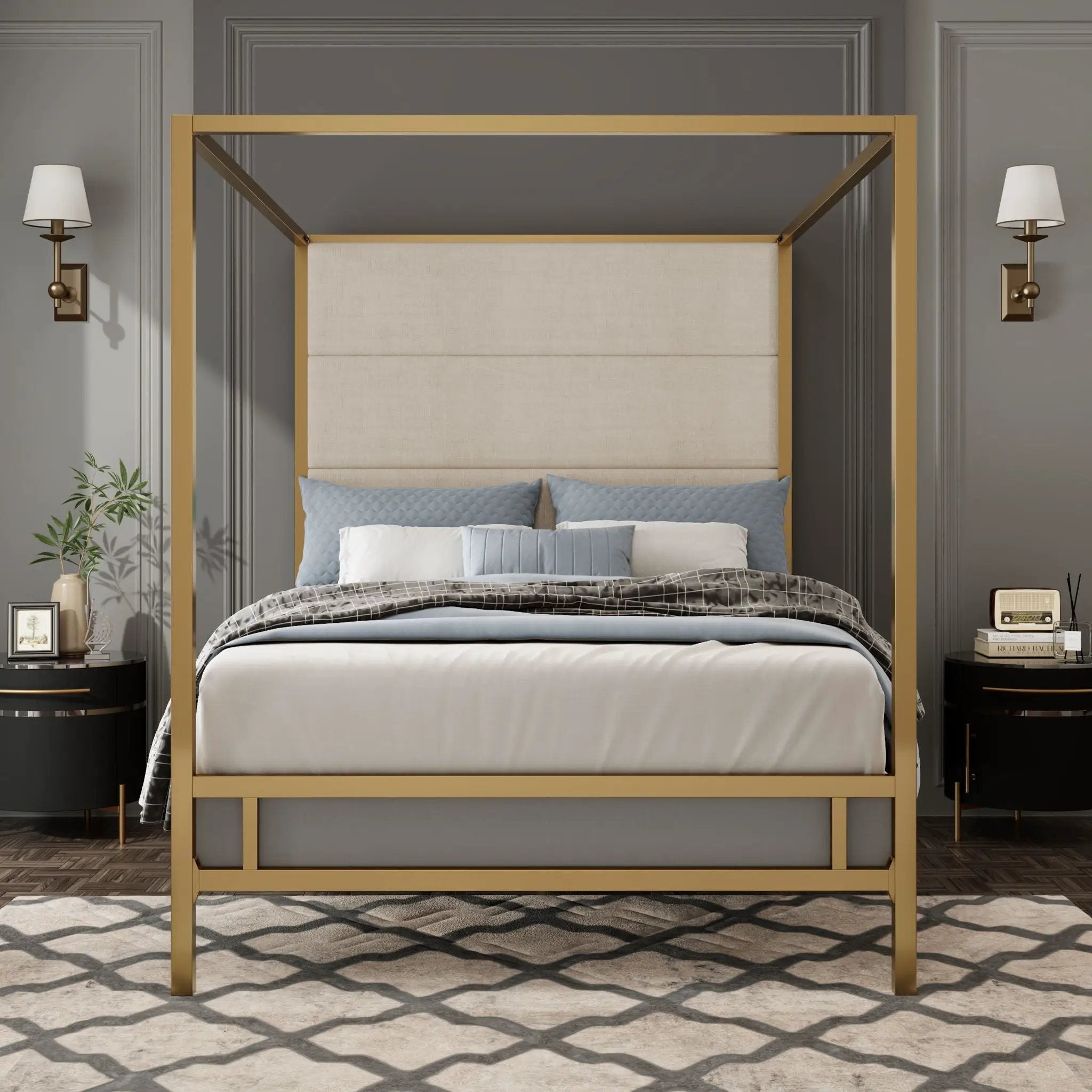 Canopy Bed With Tall Upholstered Headboard, 4 Poster Frame by HouseOfZazla