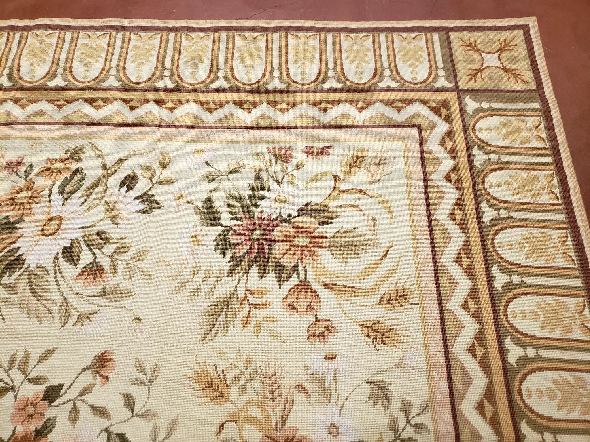 Needlepoint Rug 8x10 Aubusson Rug Victorian Floral Rug Handmade French Style French Decor Garden Panel Beige 8 x 10 Area Rug 100% Wool by Jewel Rugs