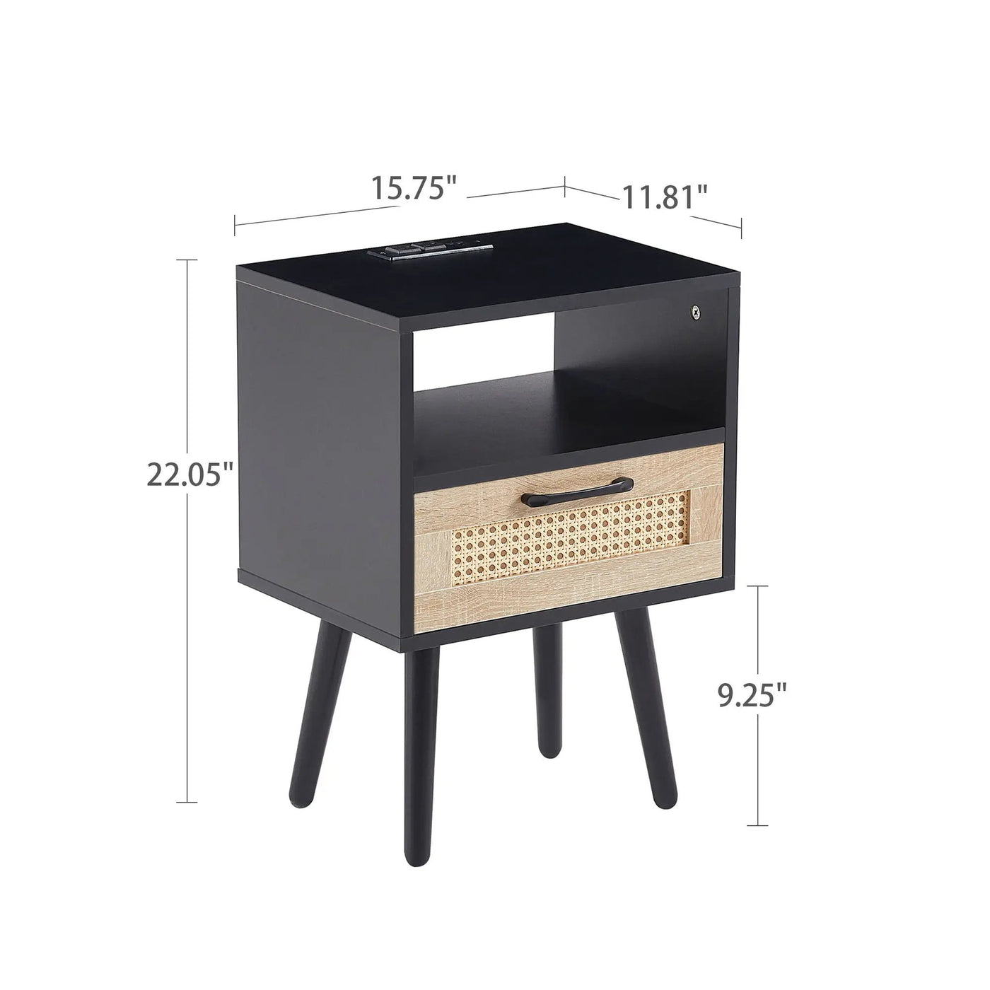 15.75" Rattan End Table With Power Outlet & USB Ports, Modern Nightstand With Drawer And Solid Wood Legs, Side Table For Living Room, Bedroom by HouseOfZazla