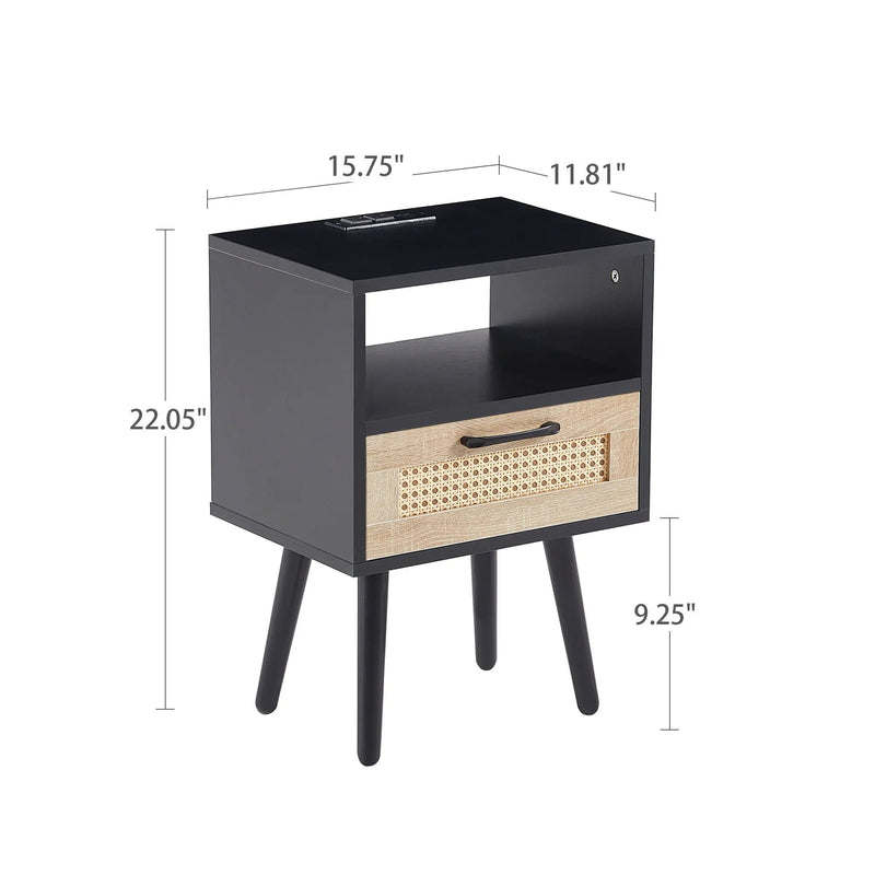 15.75" Rattan End Table With Power Outlet & USB Ports, Modern Nightstand With Drawer And Solid Wood Legs, Side Table For Living Room, Bedroom by HouseOfZazla