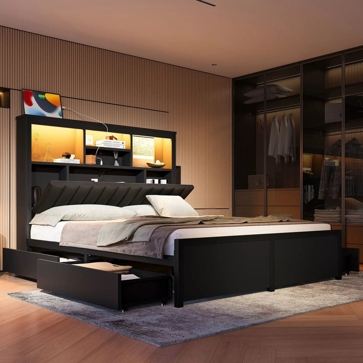 Bed Frame With High Storage Headboard, LED Light And Charging Station, 4 Storage Drawers by Unique Piece Furniture