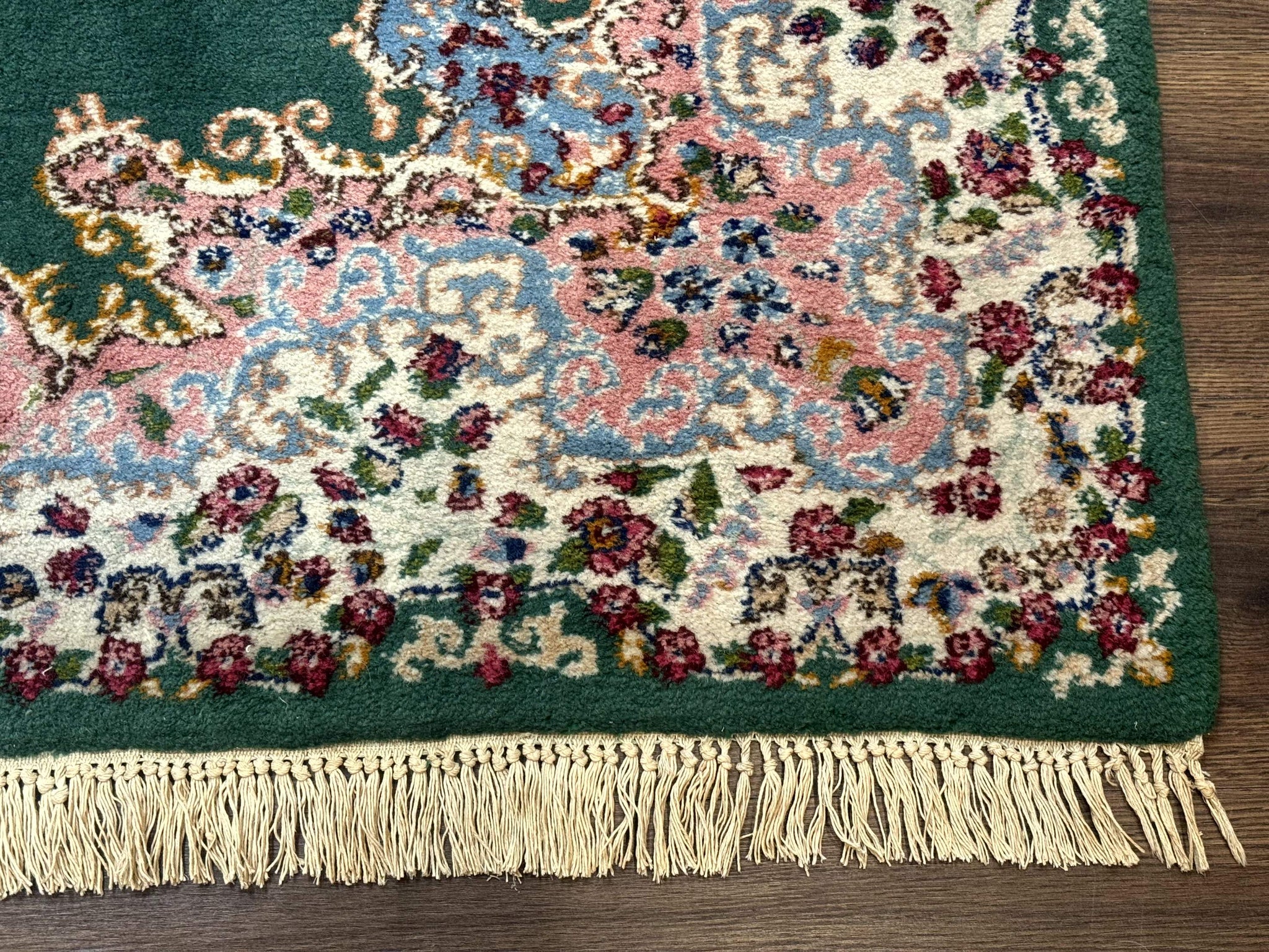Persian Kerman Rug 4x6, Green Ivory Pink, Wool Vintage, Semi Open Field by Jewel Rugs