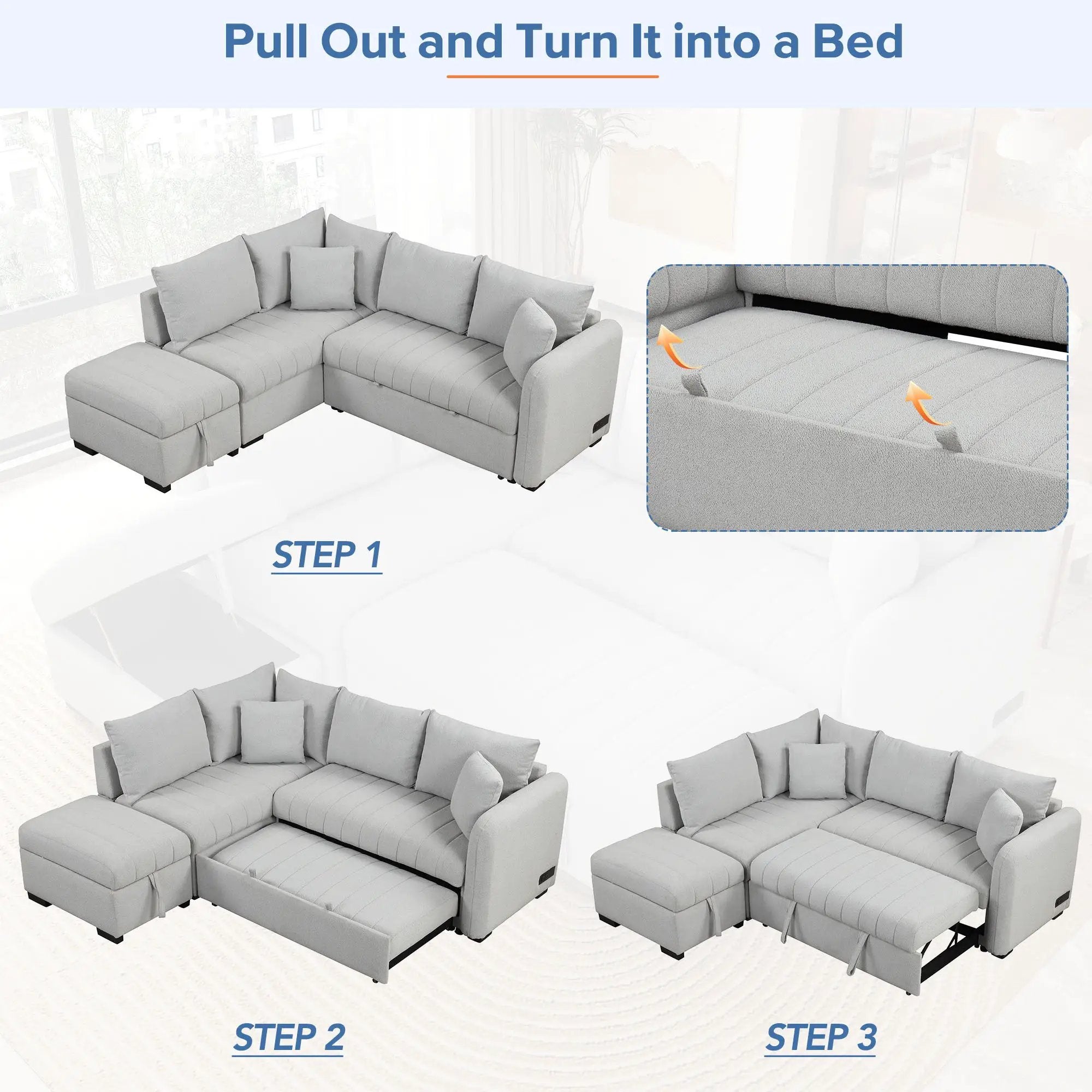 L-Shaped Sectional Pull Out Sofa Bed Sleeper Sofa With Two USB Ports, Two Power Sockets And A Movable Storage Ottoman by HouseOfZazla
