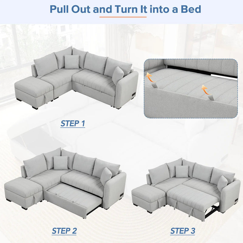 L-Shaped Sectional Pull Out Sofa Bed Sleeper Sofa With Two USB Ports, Two Power Sockets And A Movable Storage Ottoman by HouseOfZazla