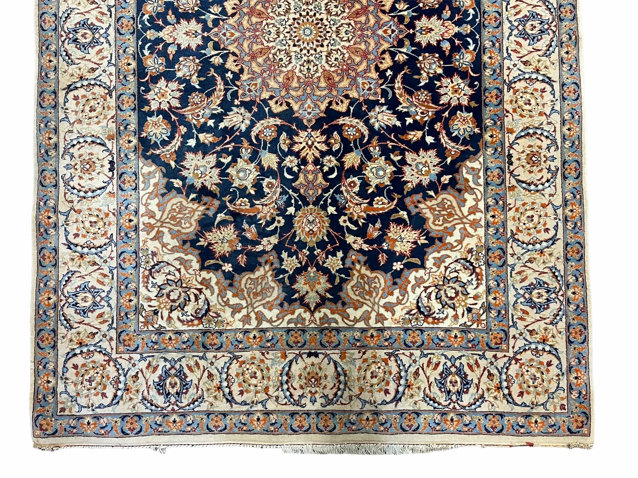 Persian Isfahan Rug 4x5, Navy Blue & Ivory, Wool and Silk Highlights by Jewel Rugs