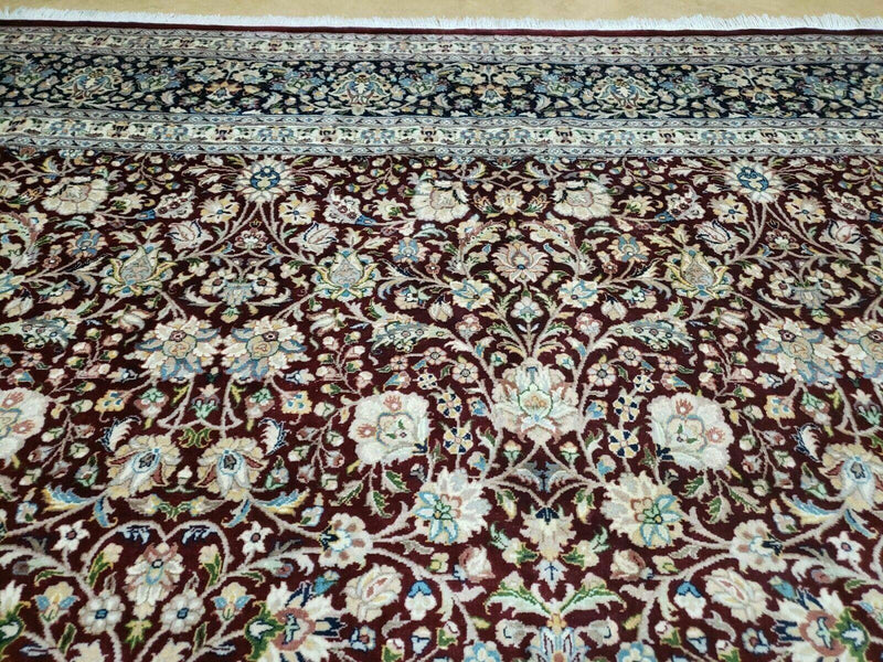 Persian Rug 9x12, Floral Allover, Very Fine, Handmade, Room Sized Oriental Carpet, Sino Persian, Maroon and Navy Blue by Jewel Rugs
