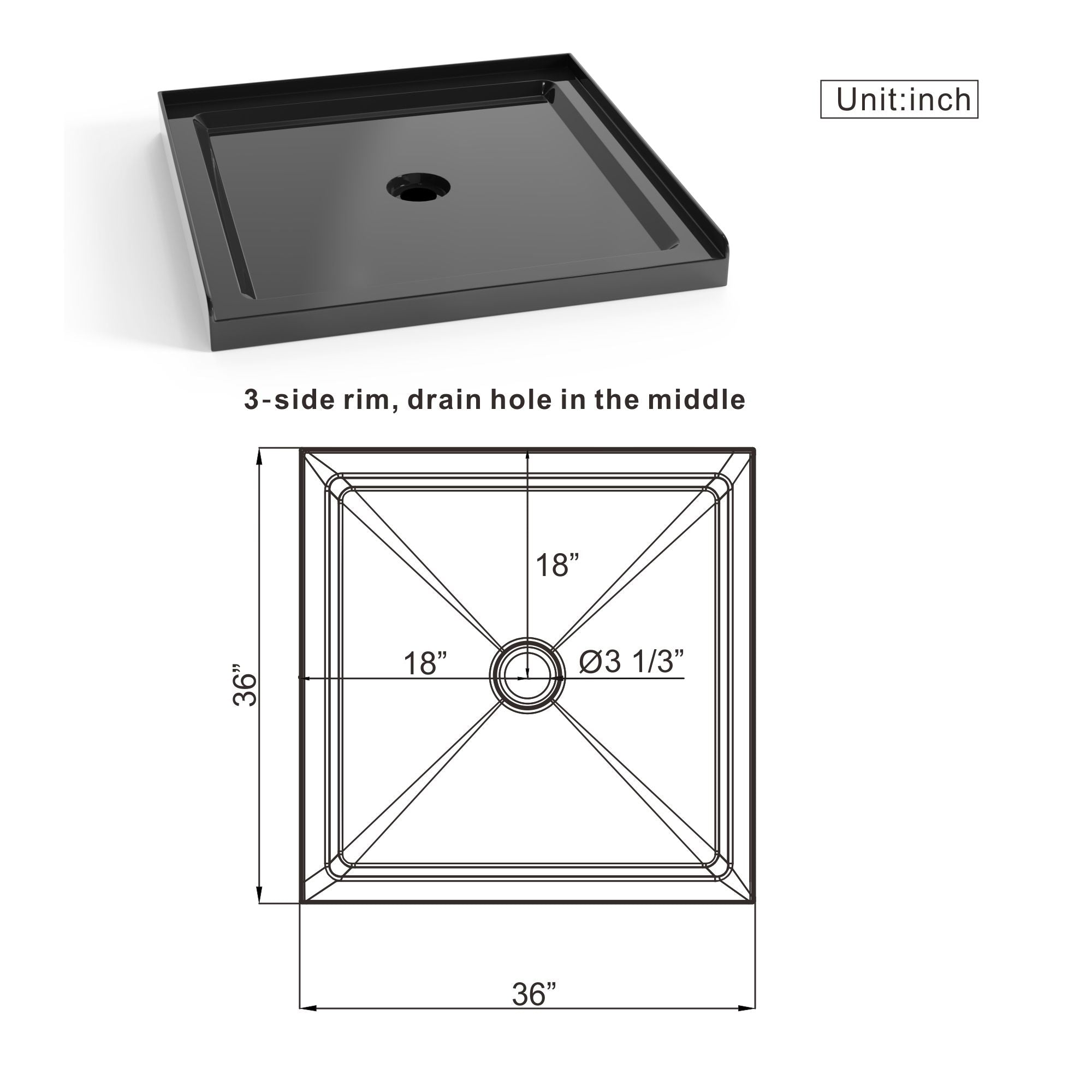 Shower Base, Anti Slip Center Drain Single Threshold - Black by HouseOfZazla
