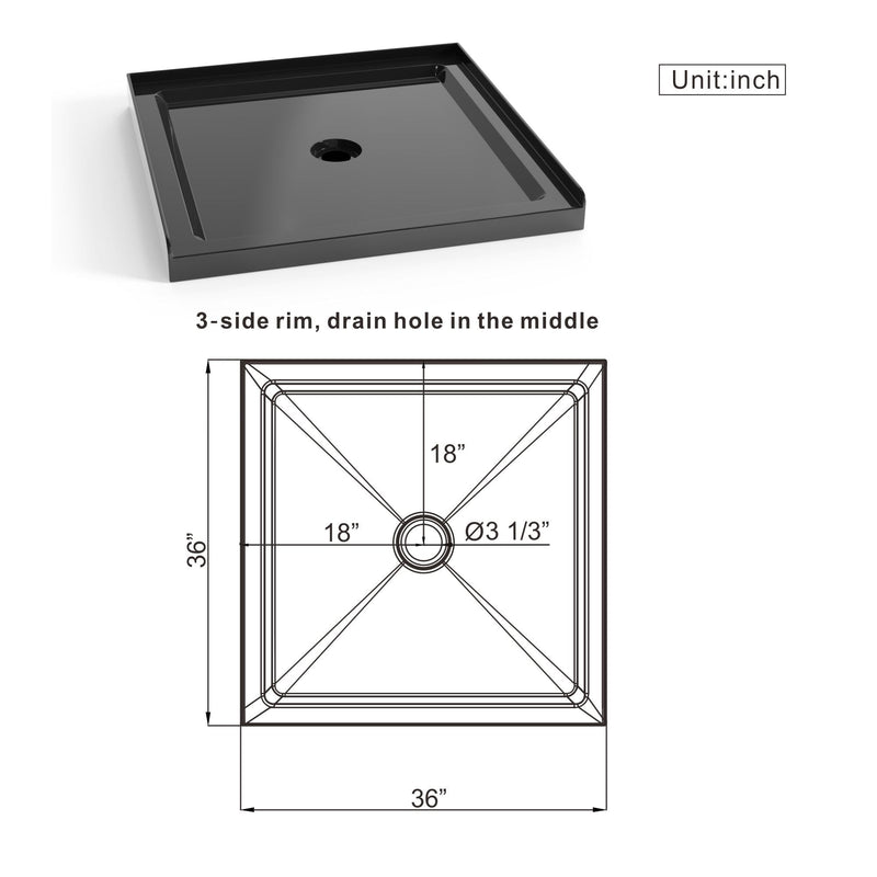 Shower Base, Anti Slip Center Drain Single Threshold - Black by HouseOfZazla