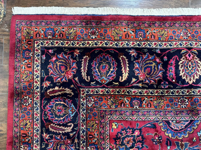 Palace Size Persian Mashad Rug 12x16, Raspberry and Navy Blue, Signature from Master Weaver, Antique Handmade Large Wool Carpet by Jewel Rugs