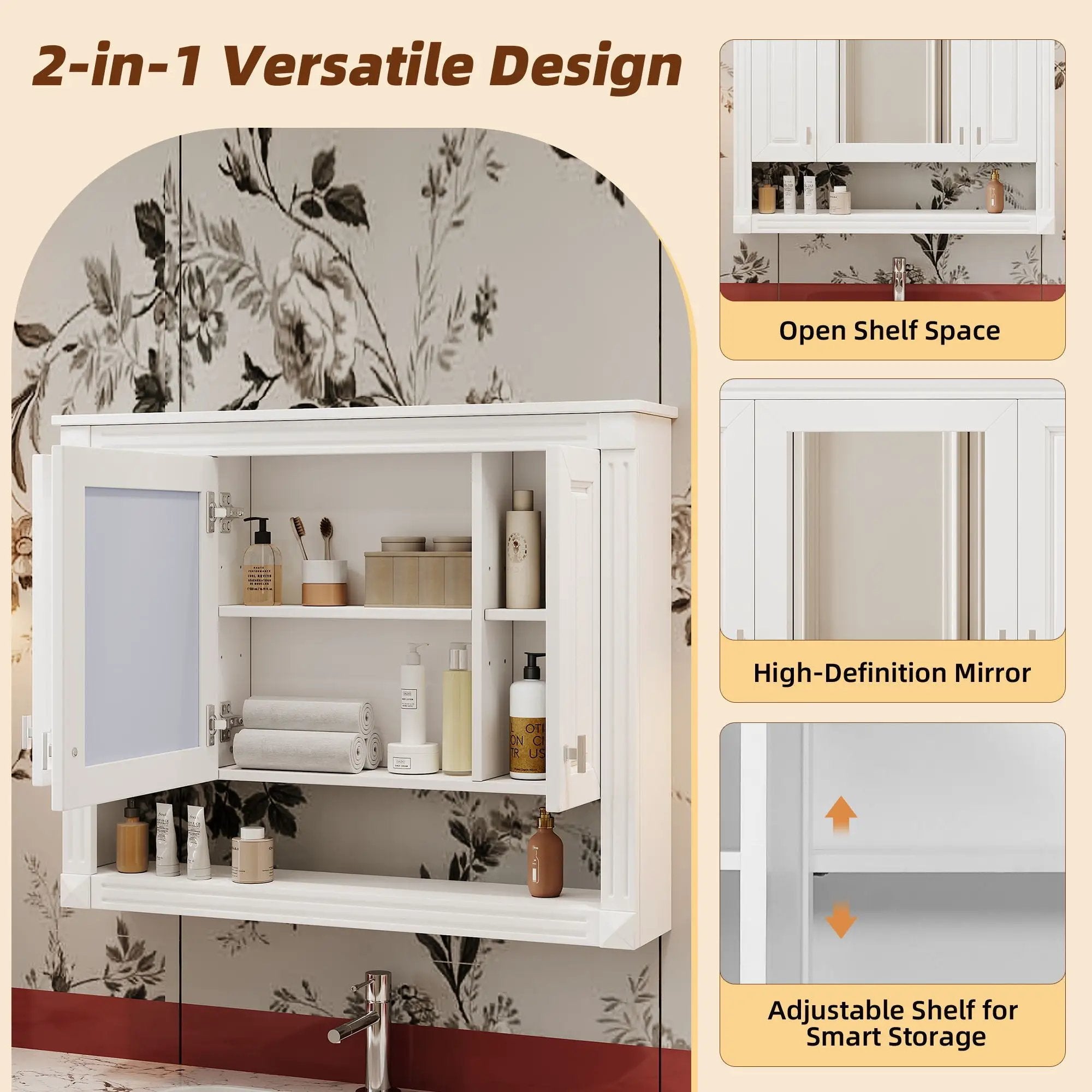 Wall-Mounted Bathroom Cabinet With Mirror And Open Shelf - White by Unique Piece Furniture
