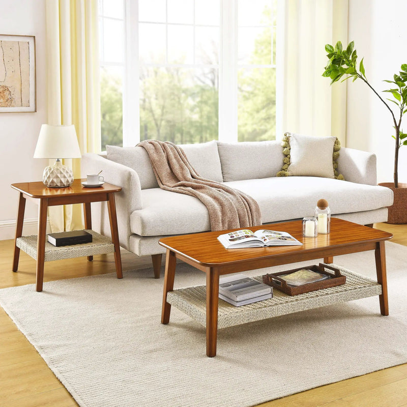 Mid - Century Square Side Table With Woven Shelf - Walnut by HouseOfZazla