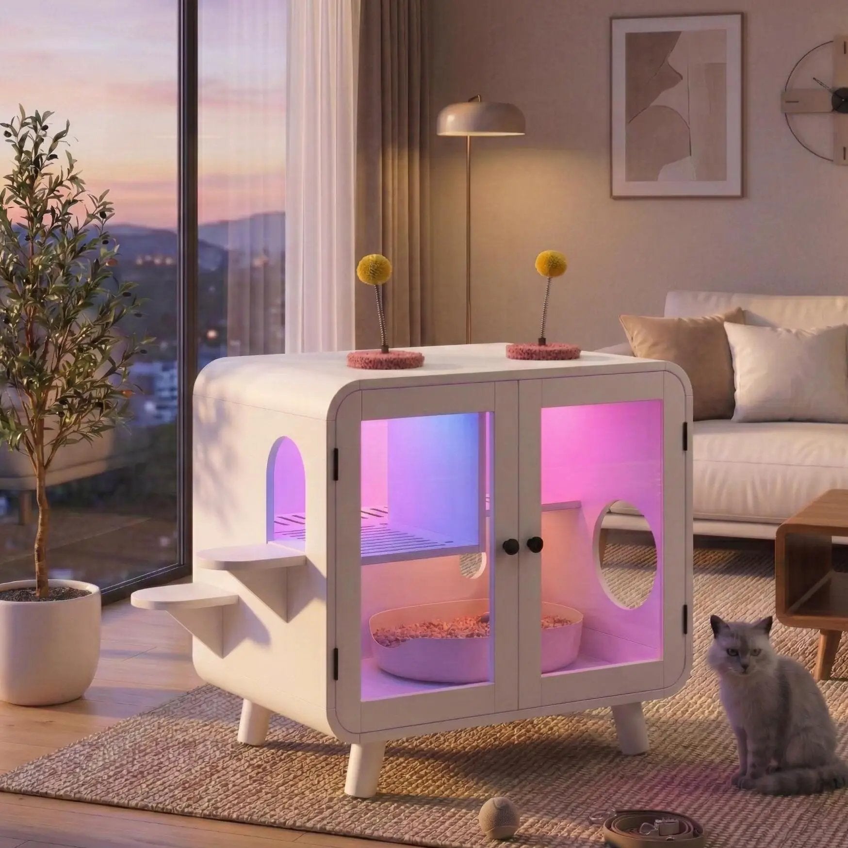 Cat Hidden Litter Box Enclosure with RGB LED Light by HouseOfZazla