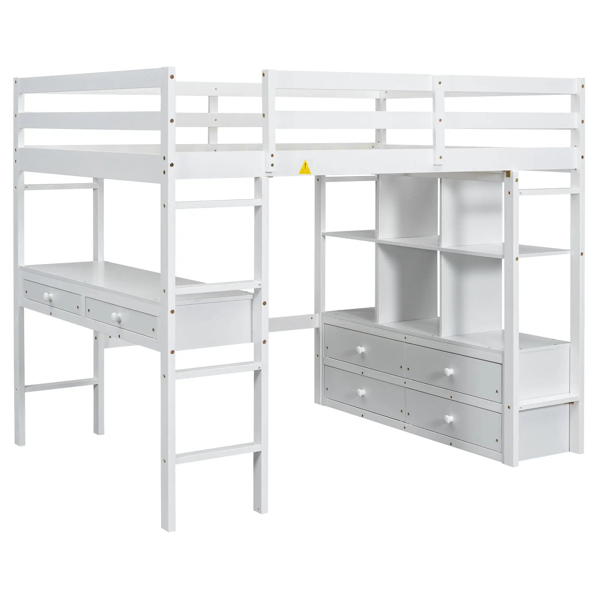 Full Size Loft Bed With Built In Desk, 2 Drawers, Storage Shelves - White by Unique Piece Furniture