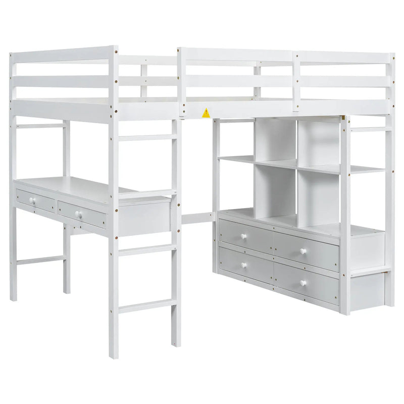 Full Size Loft Bed With Built In Desk, 2 Drawers, Storage Shelves - White by Unique Piece Furniture