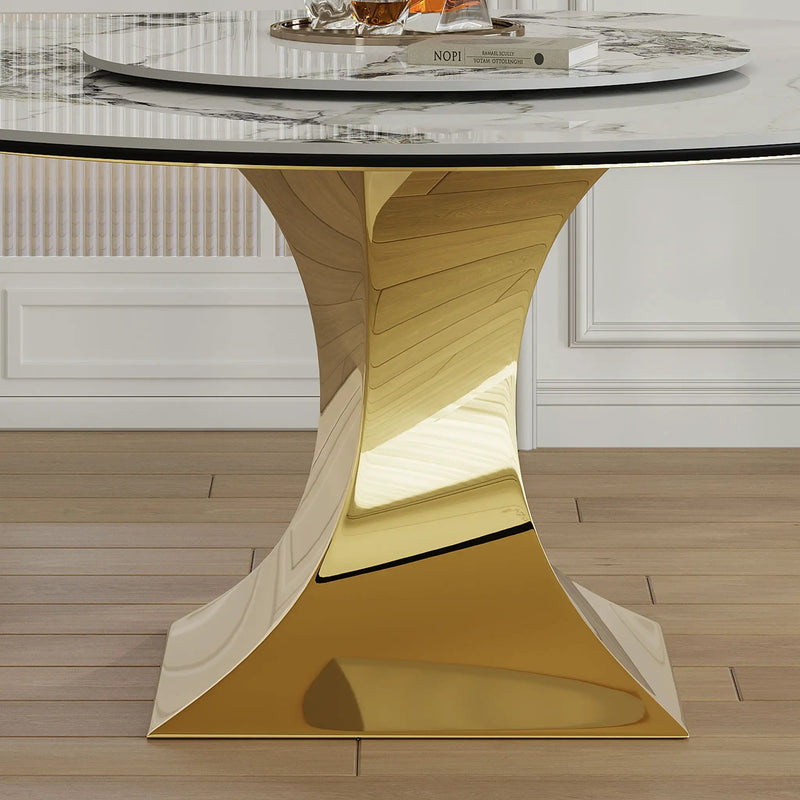 Luxury Round 59" Sintered Stone Dining Table With Stainless Steel Hourglass Base, Scratch & Heat Resistant Surface - Golden / White by HouseOfZazla